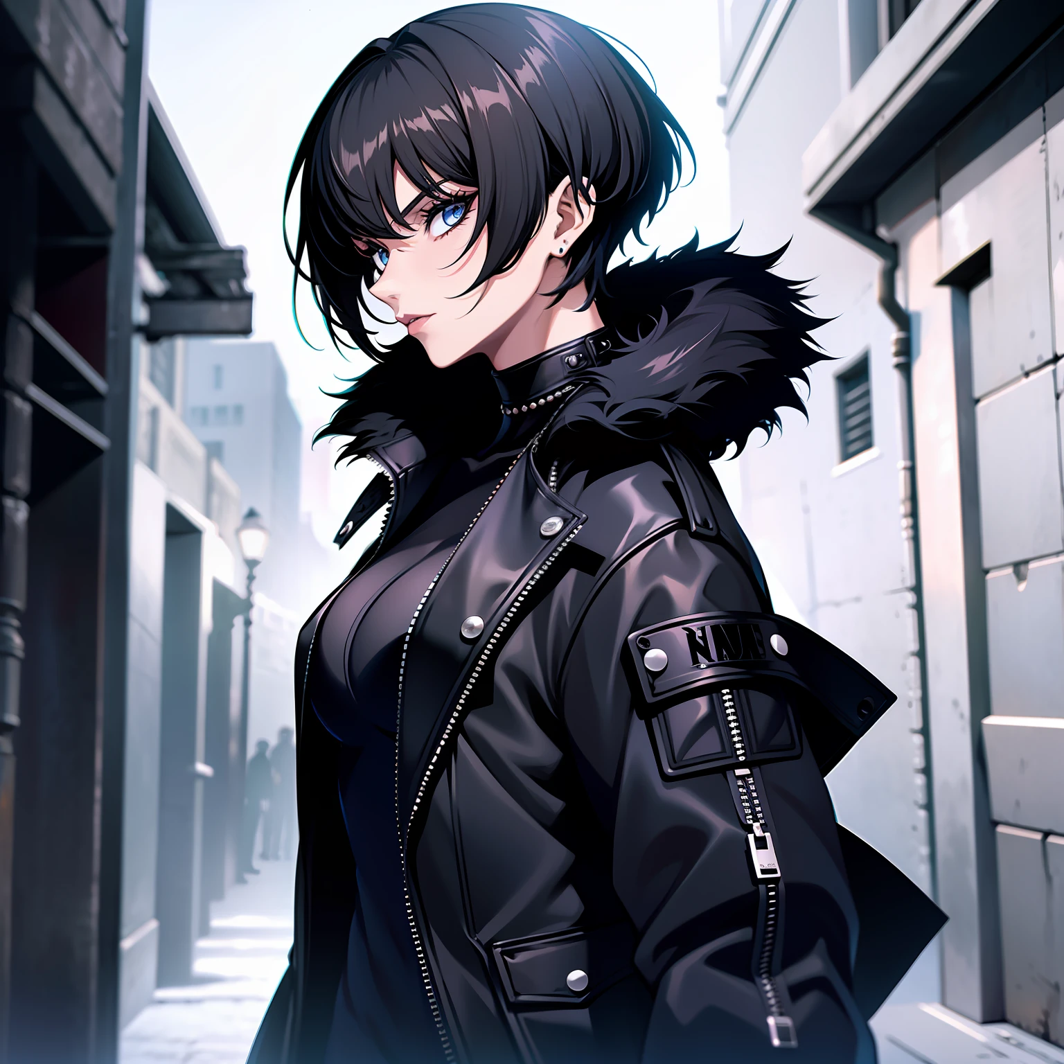 goth girl, na rua, short hair, cabelos pretos, roupas curtas, jaqueta de letra preta, olhando o espectador, 4k