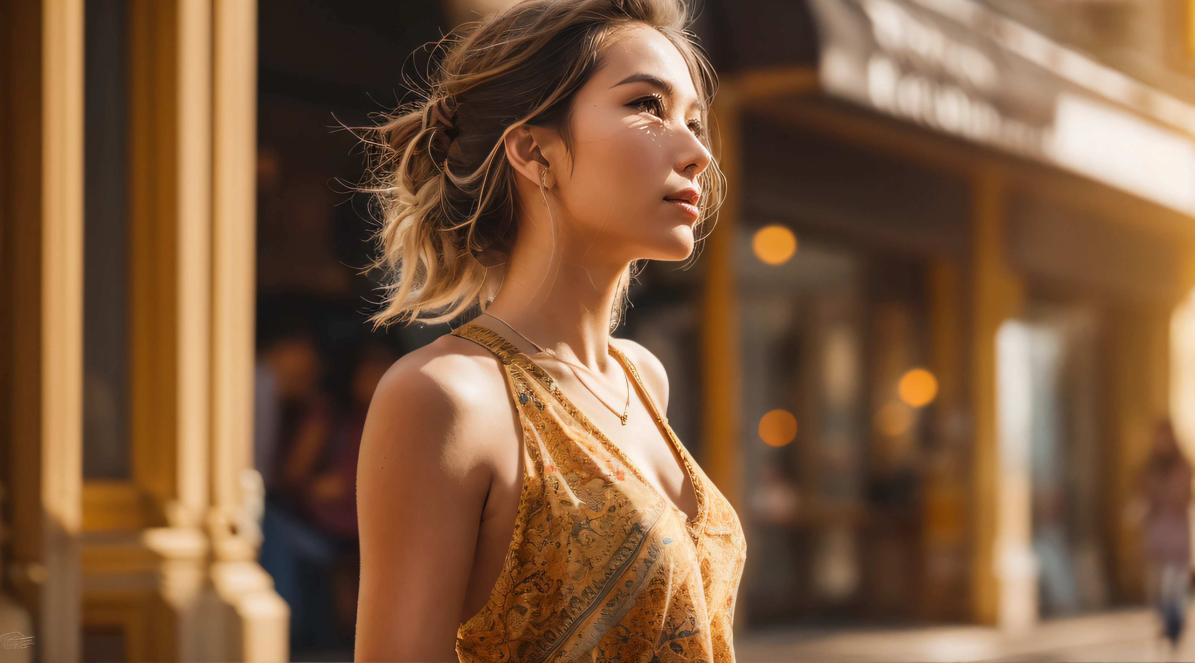 detailed face, A stunning photograph of a fashionable lady walking down a sunny street in a bustling city, captured in a naturalistic style by photographers Sam Yang and Ross Tran. The scene is highly-detailed, with intricate textures on the lady's clothing and sharp focus on the surrounding buildings. The lighting is bright and optimistic, with the sunlight creating a warm glow and a sense of hope and positivity,