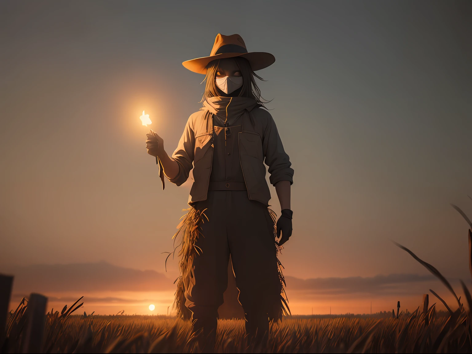 A remote farm, scarecrow standing tall in the cornfield, in darkness of the night --auto