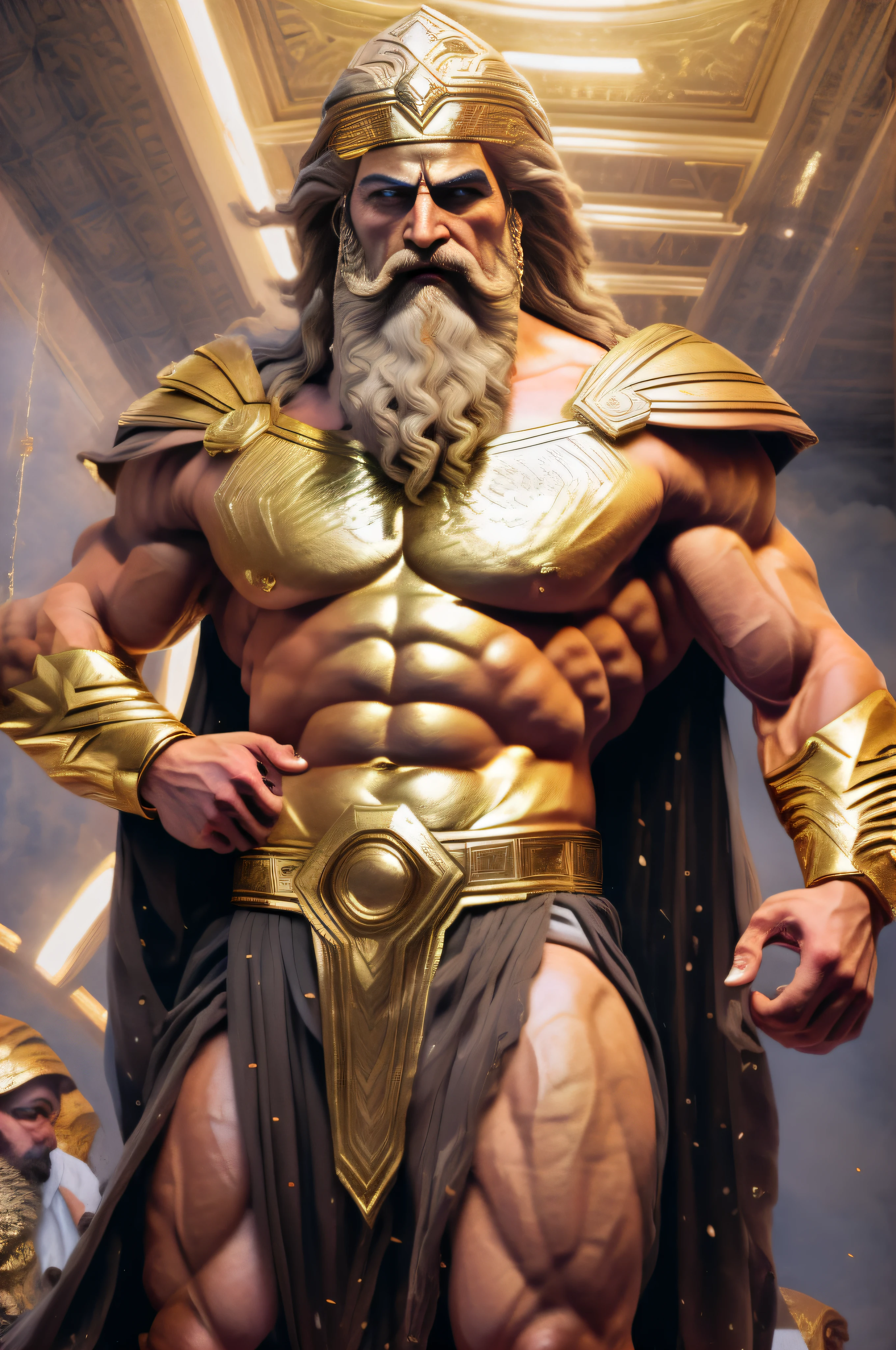 Homem arafed em um traje dourado com barba e capa, unreal motor render saint seiya, O Deus Zeus, Furioso Deus Zeus, Retrato do deus grego Ares, O Deus Hefesto, deus grego, Zeus, portrait of demigod hercules, epic scene of zeus, muscular male hero, statue of zeus, Iconic character of high detail, muscular character