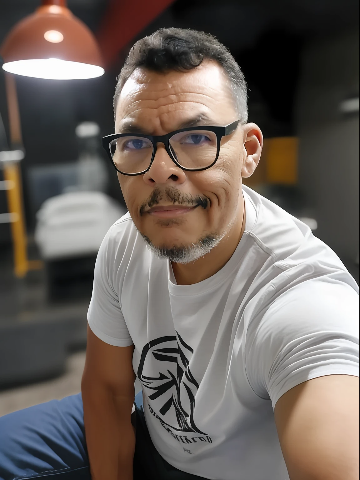 guttonervision8, Close portrait of a bespectacled man, ((cabelos hiper realistas)), Qualidade extrema, pele ultra detalhada, olhos castanhos brilhantes, jaqueta preta de couro, camiseta branca, (hiper-realismo:1.2), e (8k, UHD:1.2), soft studio lighting.