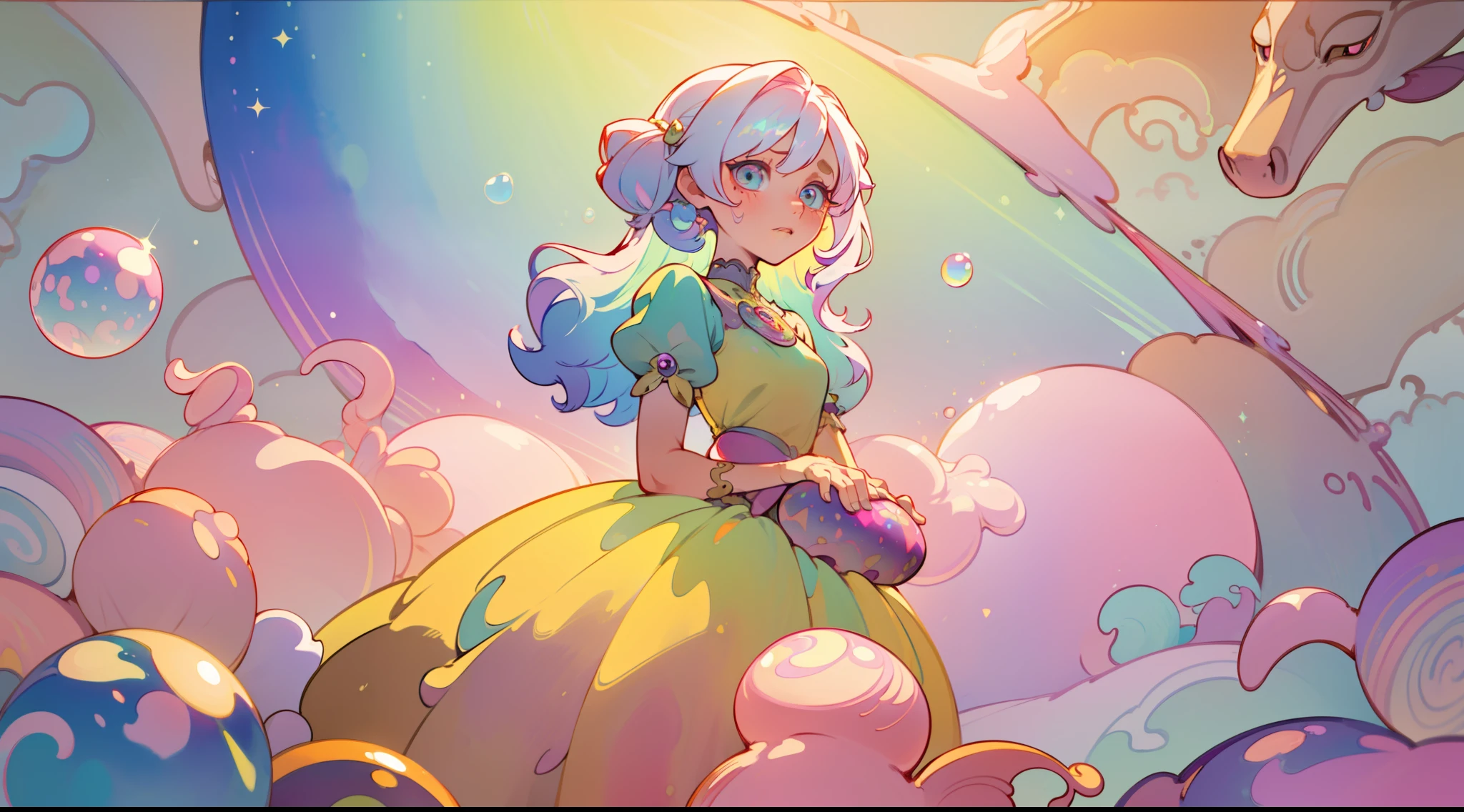 masterpiece, best quality, 8k resolution, sharp focus, intricate detail, beautiful girl, sparkling eyes, golden ratio face, otherworldly liquid, watercolor, ((pastel colors)), bright colors, whimsical, colorful, sharp focus, high resolution, fine detail, intricately detailed layered ballgown, ((round eyes)), iridescent bubbles, castle landscape in background