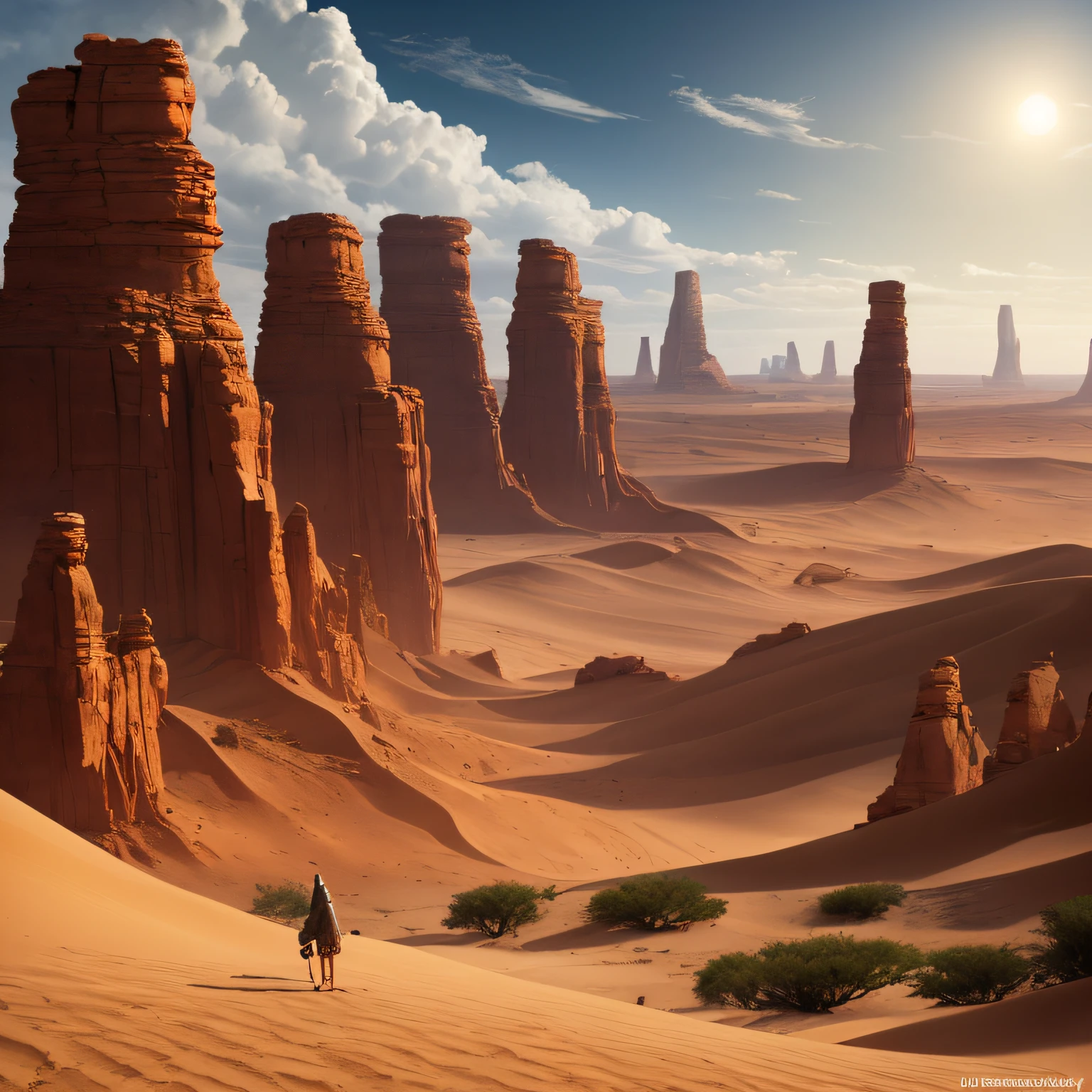 (masterpiece, best quality, beautiful fantasy art:1.4), fantasy_desert, enchanting_landscape, wide_shot, vast_desert, sand_dunes, red_rocks, arid_terrain, mesas, plateaus, canyons, blazing_sun, heat_haze, mystical_aura, floating_islands, glowing_crystals, ancient_ruins, warm_tones, earthy_colors, red_brown, whirling_sands, majestic_rock_formations, dust_storm, ethereal_lights, elemental_magic, desert_dragons, phoenixes, sand_elementals, enchanted_beauty, mythical_wilderness, dreamlike_desert, hidden_wonders, celestial_oasis, forgotten_realm, arcane_secrets, secluded_paradise, epic_quest, tranquil_solitude