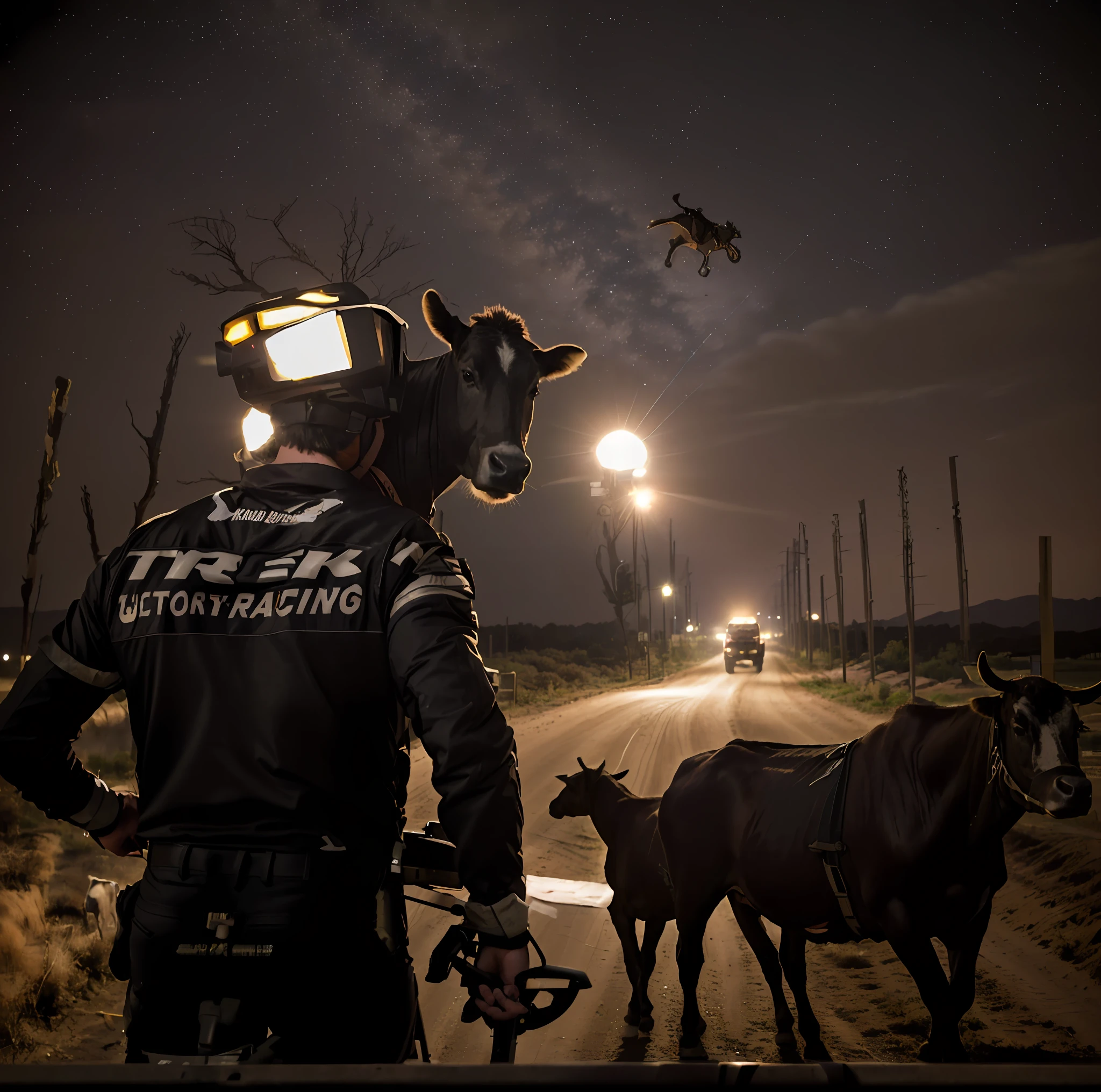 Araffe riding his bike on a dirt road at night with a cow in the background, 👰 🏇 ❌ 🍃, Brock Lesnar montado em um burro, filmagens noturnas, Cavalgando na cidade de Doom, um chifre, lonely rider, Directed by: David Ruby, montando um lobo prateado gigante, Imagens da corrida, Nos bastidores, television show