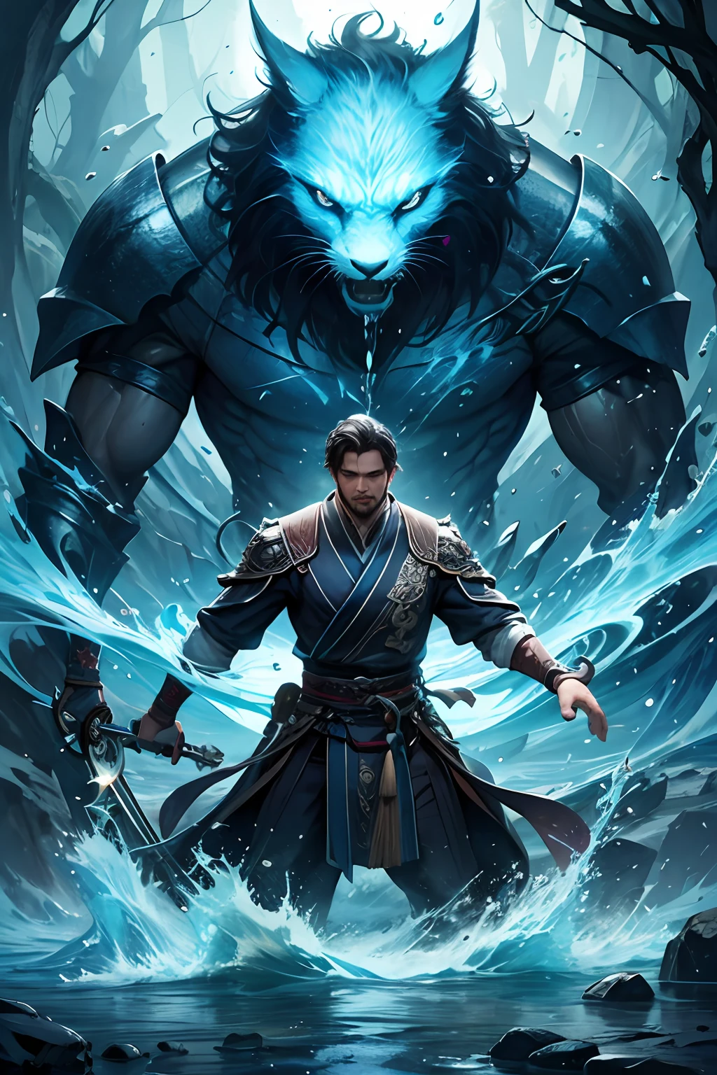 16k cg, (tmasterpiece,best qualtiy:1.4),(hoang lap,A high resolution,hyper-detailing:1.2),(1 handsome man:1.4),(using dark magic:1.4),Water magic,Playful illustration,Imaginative overlays,artistic fusion,Fantastic scenes,evocative narratives,striking visual effects,The upper part of the body,