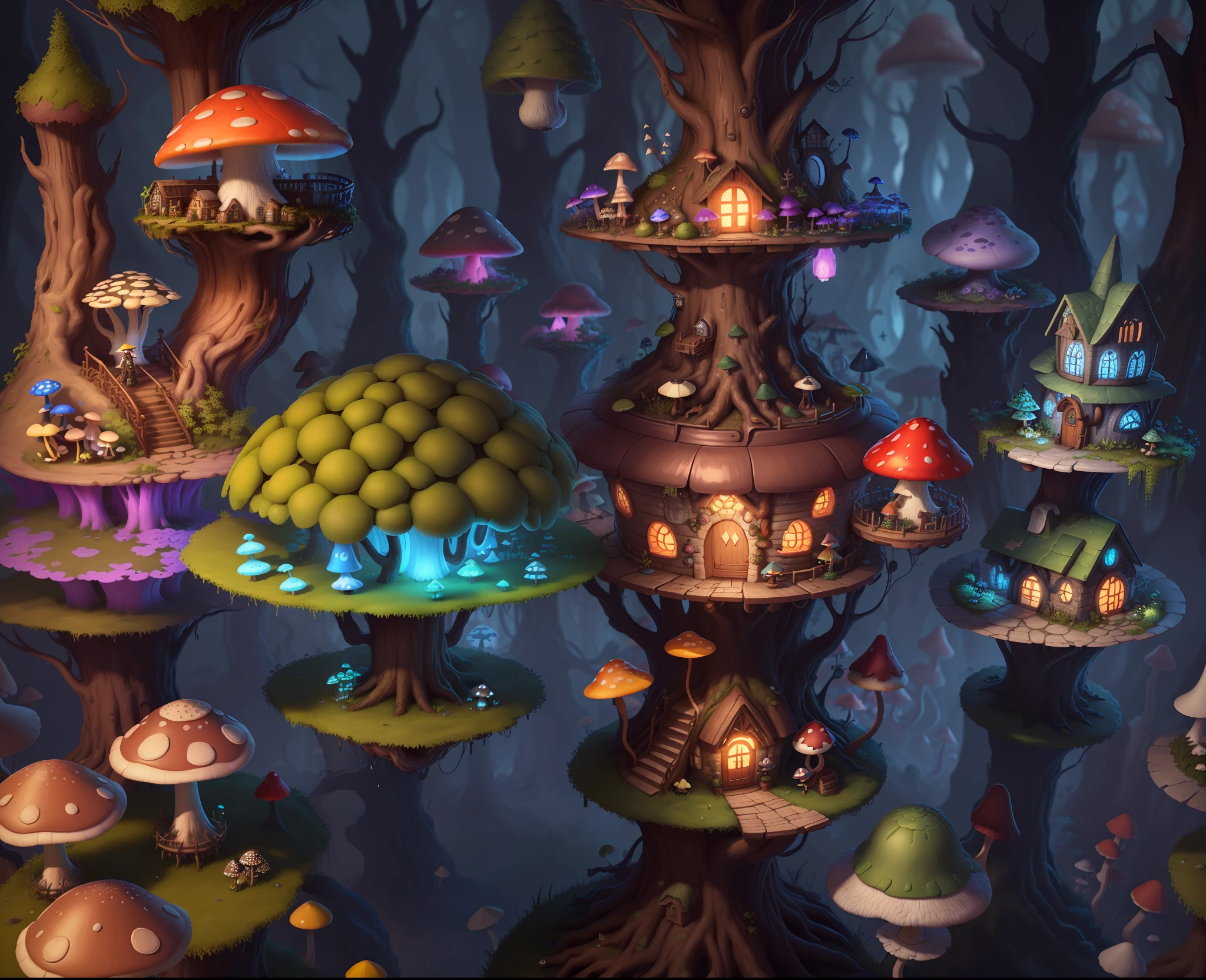 Close-up of a bunch of mushrooms in the forest, mushroom city, Mushroom forest, cyber mushroom city, mushroom house, forest made of mushrooms, mushroom trees, Stylized concept art, mushroom house, 3 d render stylized, Mushrooms are everywhere, Detailed digital 2D fantasy art, houses in the shape of mushrooms, magical fantasy 2 d concept art