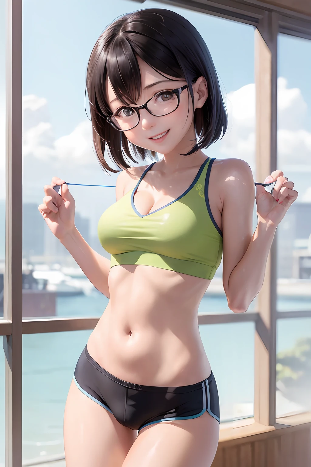 1girl in, Has a small、mont、a river、athlete、Looking at the camera、perfectly proportions、 bangss, shorth hair, Hair is splashing、Sports Bra, absurderes、、With smiling eyes、Small breasts、Shorts are visible、tights、Constricted waist、Black-rimmed glasses、Body wet with sweat、cleavage of the breast、Poses that emphasize breasts、、crotch accentuation、