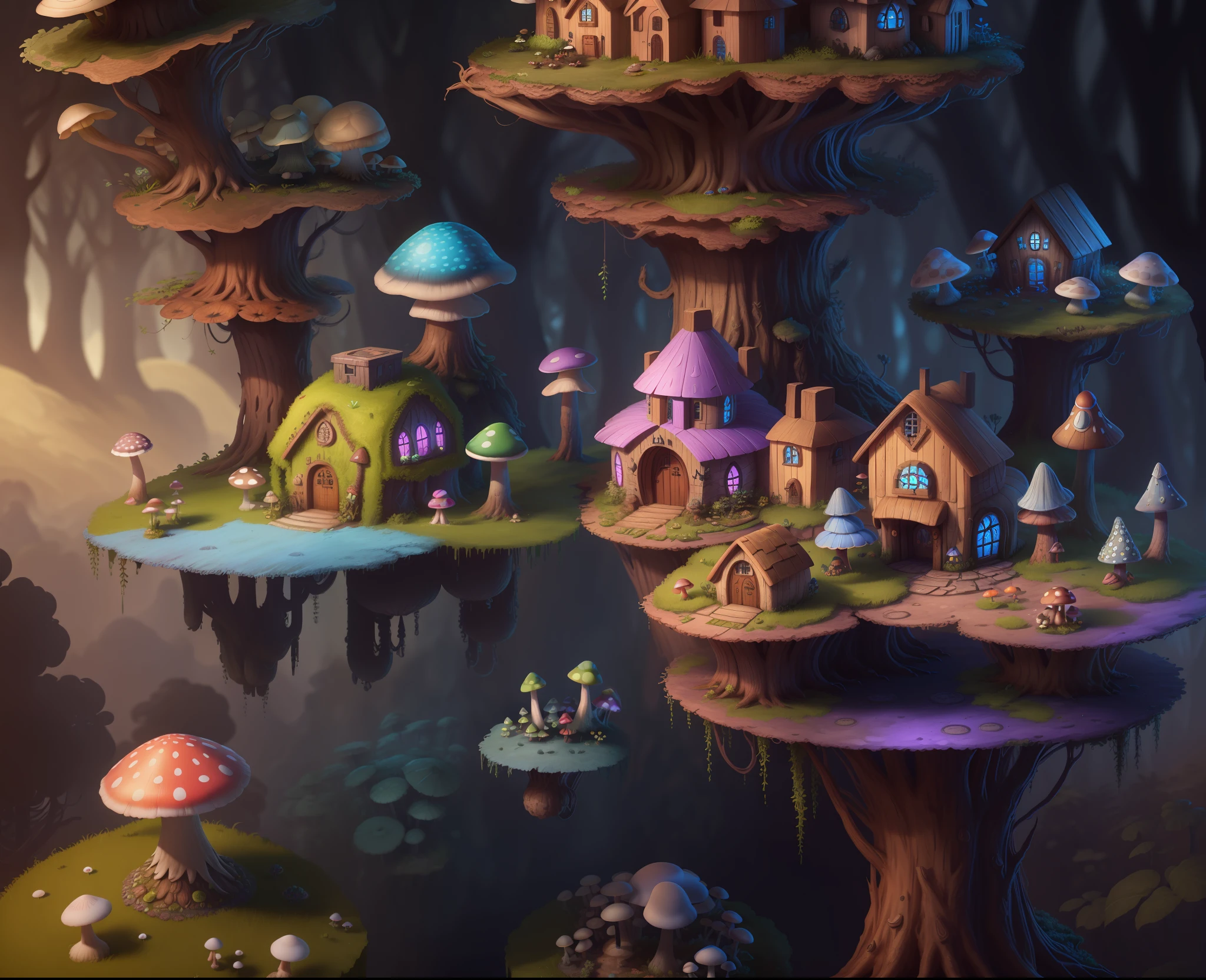 Close-up of a bunch of mushrooms in the forest, mushroom city, Mushroom forest, cyber mushroom city, mushroom house, forest made of mushrooms, mushroom trees, Stylized concept art, mushroom house, 3 d render stylized, Mushrooms are everywhere, Detailed digital 2D fantasy art, houses in the shape of mushrooms, magical fantasy 2 d concept art