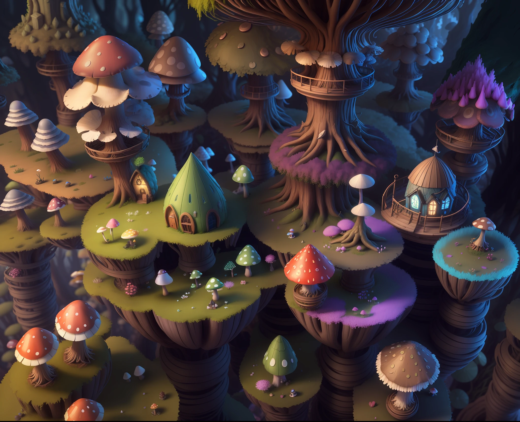 Close-up of a bunch of mushrooms in the forest, mushroom city, Mushroom forest, cyber mushroom city, mushroom house, forest made of mushrooms, mushroom trees, Stylized concept art, mushroom house, 3 d render stylized, Mushrooms are everywhere, Detailed digital 2D fantasy art, houses in the shape of mushrooms, magical fantasy 2 d concept art