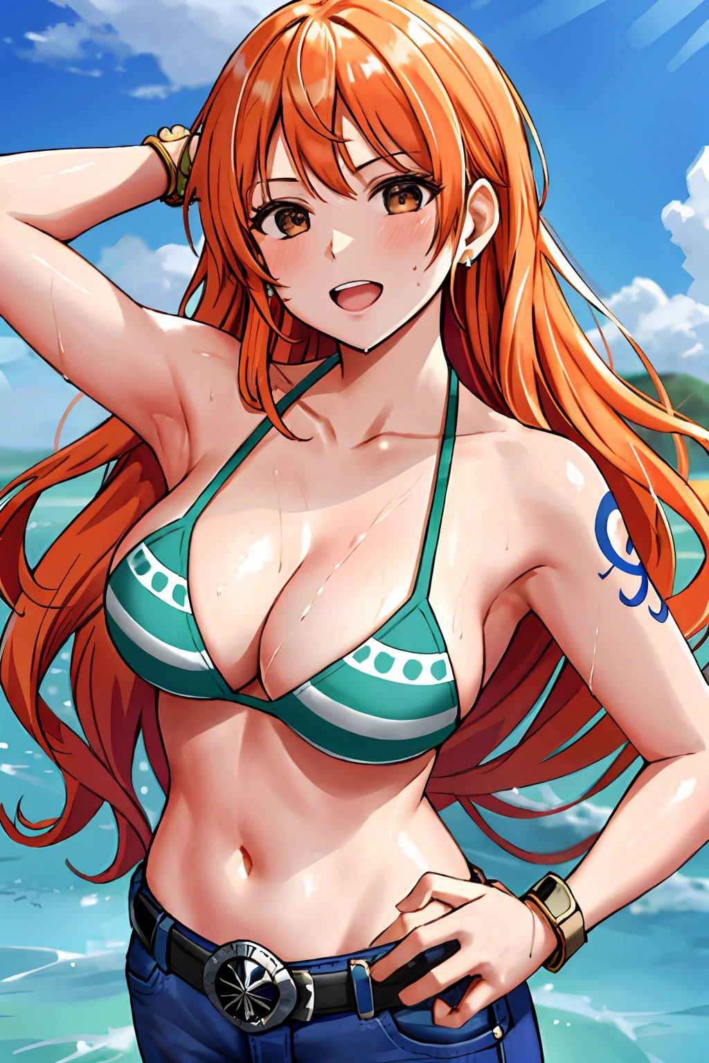 detailed background, masterpiece, 4k, epic, best quality, late youth, adult, wrestler body, wrestling, 1girl, active, energic, (large mouth) , solo, nami \(one piece\), 1girl, bangle, (very wet, yawning, drenched in sweat, sweat all over body, very wet hair, messy hair, tired, open mouth, exhausted, shouting, sweaty face, sweaty body, feeling hot, sweating too much, blushing, tilting head, shiny sweat, leaning, hands on hips, serious, glaring, open eyes, looking uo, perfect detailed face, round face, sweat on face) bold drawing lines, muscular arms, detailed bold arm lines, flat jaw, adult woman, wavy wide streaked bangs, floating bang, (big cheeks), bare shoulders, off-shoulders, belt, bikini, bikini top only, blue sky, bracelet, springy breasts, breast lines, big round eyes, very big brown shiny eyes, bubbles, high eye position, cleavage, cloud, day, denim, earrings, floating hair, shiny hair, green belt, green bikini, bold groin lines, jeans, jewelry, medium breasts, log pose, long hair, looking at viewer, big navel, wet hair, orange hair, pants, shoulder tattoo, sidelocks, sky, solo, standing, stomach, swimsuit, tattoo , looking at viewer, open mouth, detailed left arm, big forehead, hourglass figure, small head, toned body, wide hair, wind effect, sun effect, under the sun, narrow small ears angle, older, random poses,