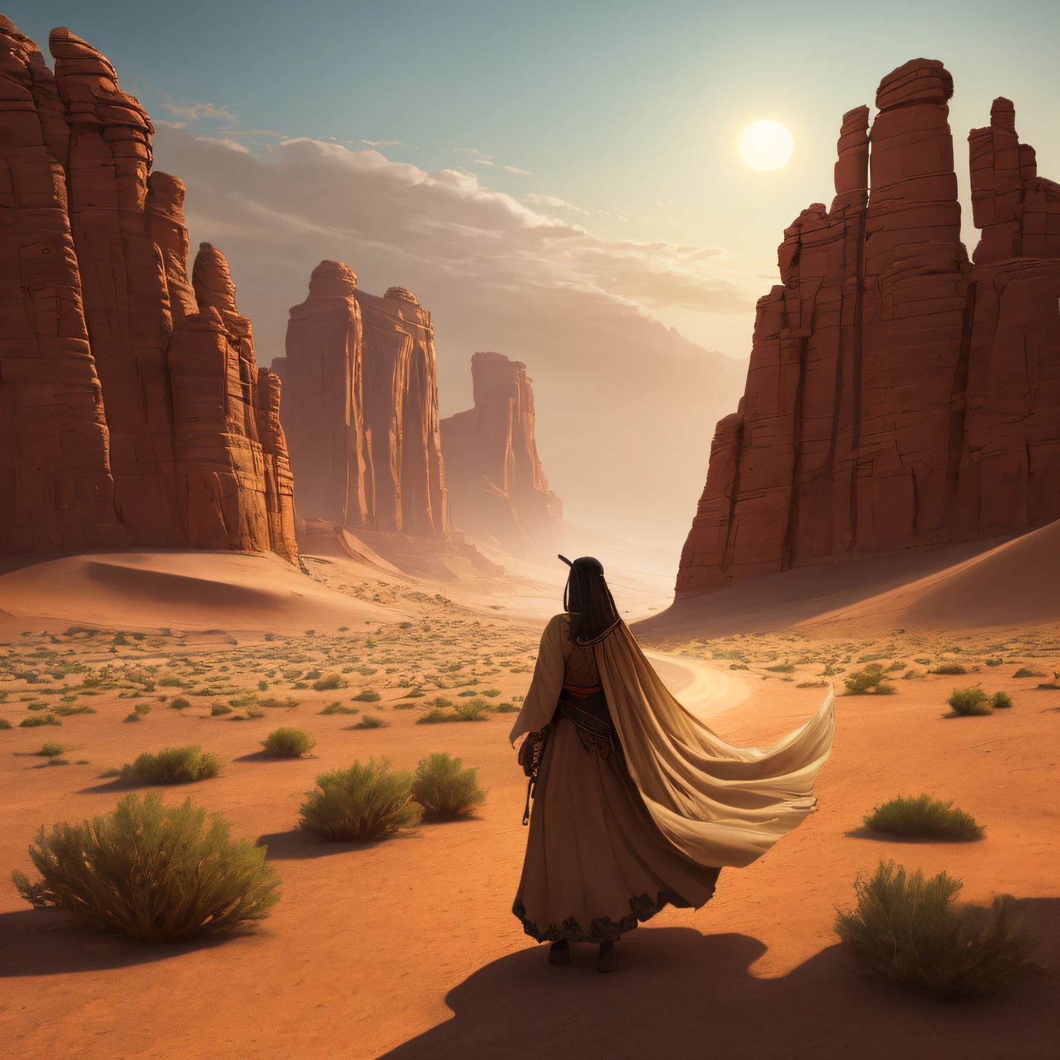 (masterpiece, best quality, beautiful fantasy art:1.4), fantasy_desert, enchanting_landscape, wide_shot, vast_desert, sand_dunes, red_rocks, arid_terrain, mesas, plateaus, canyons, blazing_sun, heat_haze, mystical_aura, floating_islands, glowing_crystals, ancient_ruins, warm_tones, earthy_colors, red_brown, whirling_sands, majestic_rock_formations, dust_storm, ethereal_lights, elemental_magic, desert_dragons, phoenixes, sand_elementals, enchanted_beauty, mythical_wilderness, dreamlike_desert, hidden_wonders, celestial_oasis, forgotten_realm, arcane_secrets, secluded_paradise, epic_quest, tranquil_solitude, (sharp focus:1.6), highly detailed, ultra realistic, 8k
