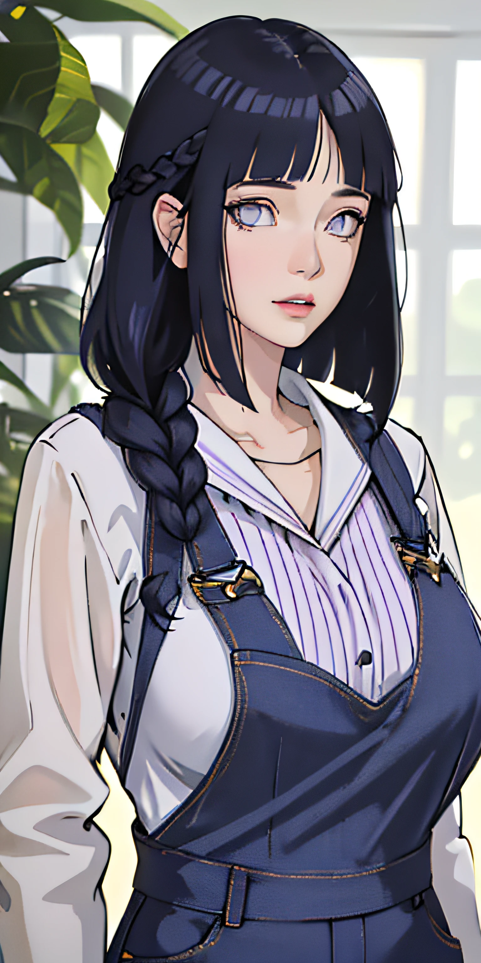 tmasterpiece， best qualityer， ultra - detailed， illustration，1girll，
long whitr hair，dark-blue hair，french braid，Purple eye，bluntbangs，
The shirt，（jeans overalls：1.1），
（huge tit）， 
looking at viewert，hyouka/（Boruto/），Detailed lips