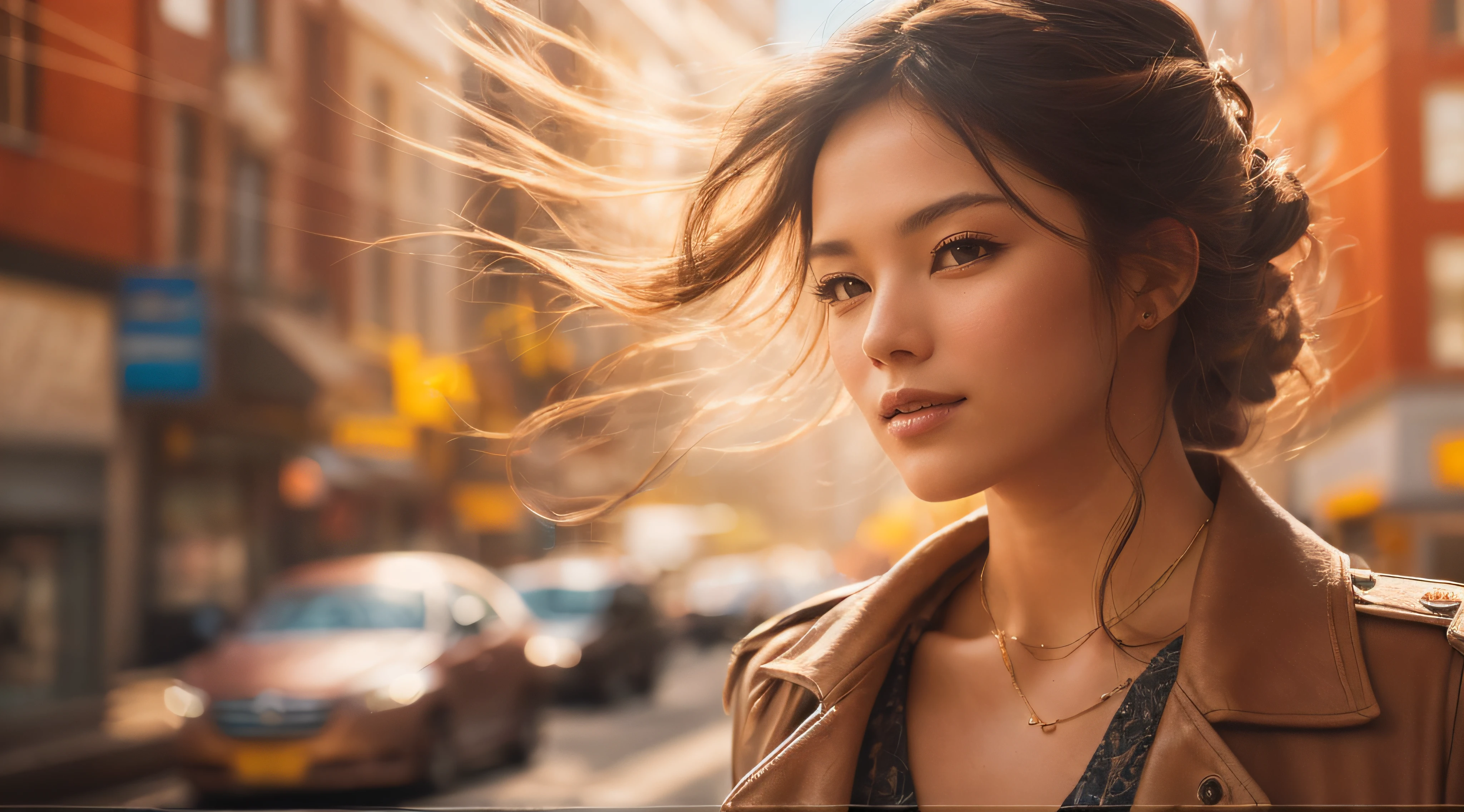 detailed face, A stunning photograph of a fashionable lady walking down a sunny street in a bustling city, captured in a naturalistic style by photographers Sam Yang and Ross Tran. The scene is highly-detailed, with intricate textures on the lady's clothing and sharp focus on the surrounding buildings. The lighting is bright and optimistic, with the sunlight creating a warm glow and a sense of hope and positivity,