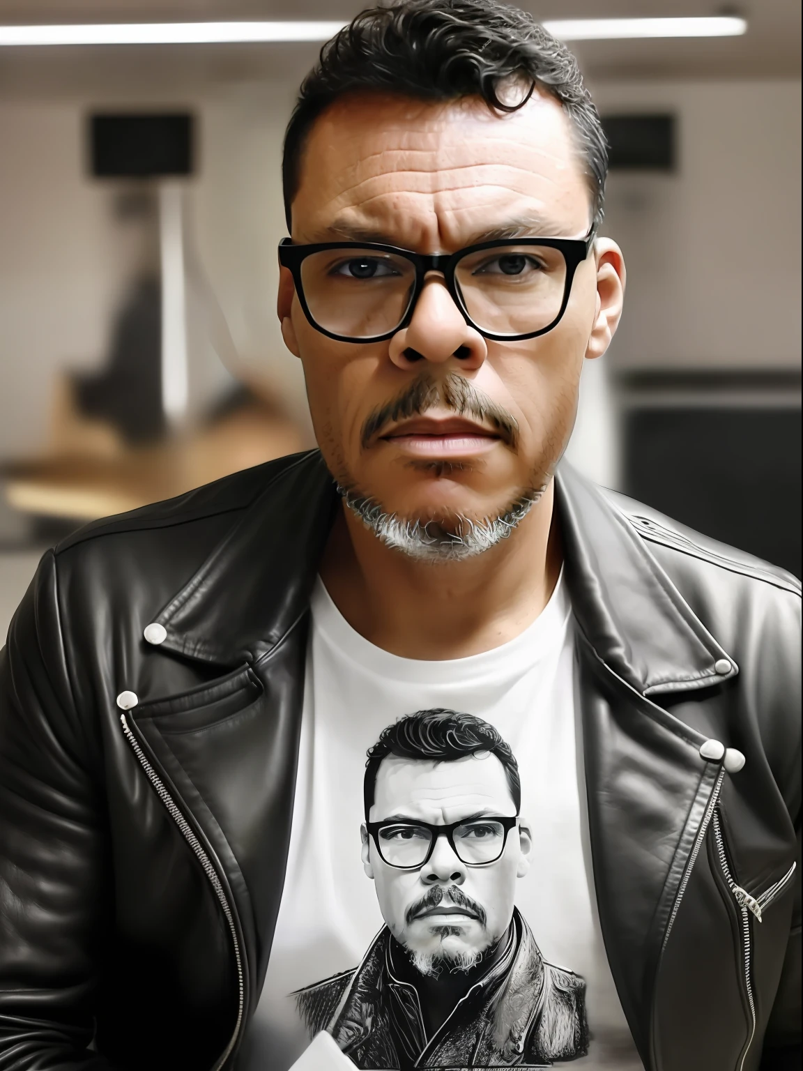 guttonervision8, Create a hyper-realistic portrait of a man wearing glasses, with meticulously detailed hair, skin, and bright brown eyes. He is dressed in a black leather jacket and a white t-shirt.
In this extraordinary artwork, the man's features are captured with utmost precision and detail. His hair is rendered in hyper-realistic fashion, with every strand meticulously depicted, adding depth and realism to his appearance.
The quality of the illustration is of extreme excellence, allowing even the smallest nuances of the man's skin texture to be visible. Fine lines, pores, and imperfections are meticulously portrayed, giving the artwork a true-to-life quality.
The man's eyes are a prominent feature, shining with a captivating brightness that draws the viewer into the portrait. The depth and soulfulness of his gaze are emphasized, evoking a sense of connection and intrigue.
The man's attire, a black leather jacket and a crisp white t-shirt, is rendered with fotorrealism, adding to the overall lifelike feel of the artwork. The textures of the leather and fabric are skillfully portrayed, enhancing the sense of realism.
The final artwork will be an 8K UHD masterpiece, capturing the essence of hyperrealism and fotorrealism, showcasing the remarkable skill of the artist in bringing the man's image to life on the canvas. Viewers will be mesmerized by the level of detail and authenticity, as if the man were standing right before them in all his captivating glory.