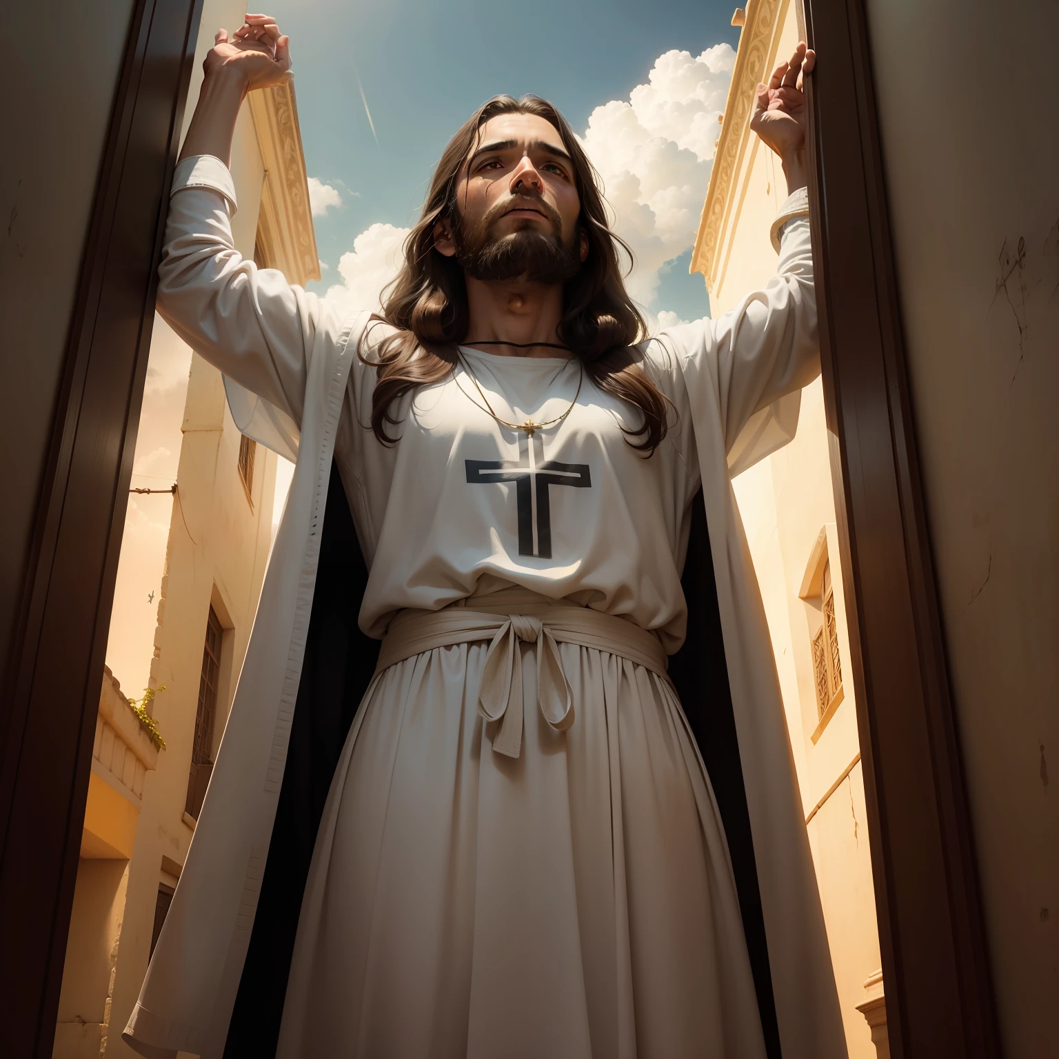 Jesus looking up to heaven, orando, tempos antigos, derriere, cruzes, cena de filme, cinematografic, expressing prayer.