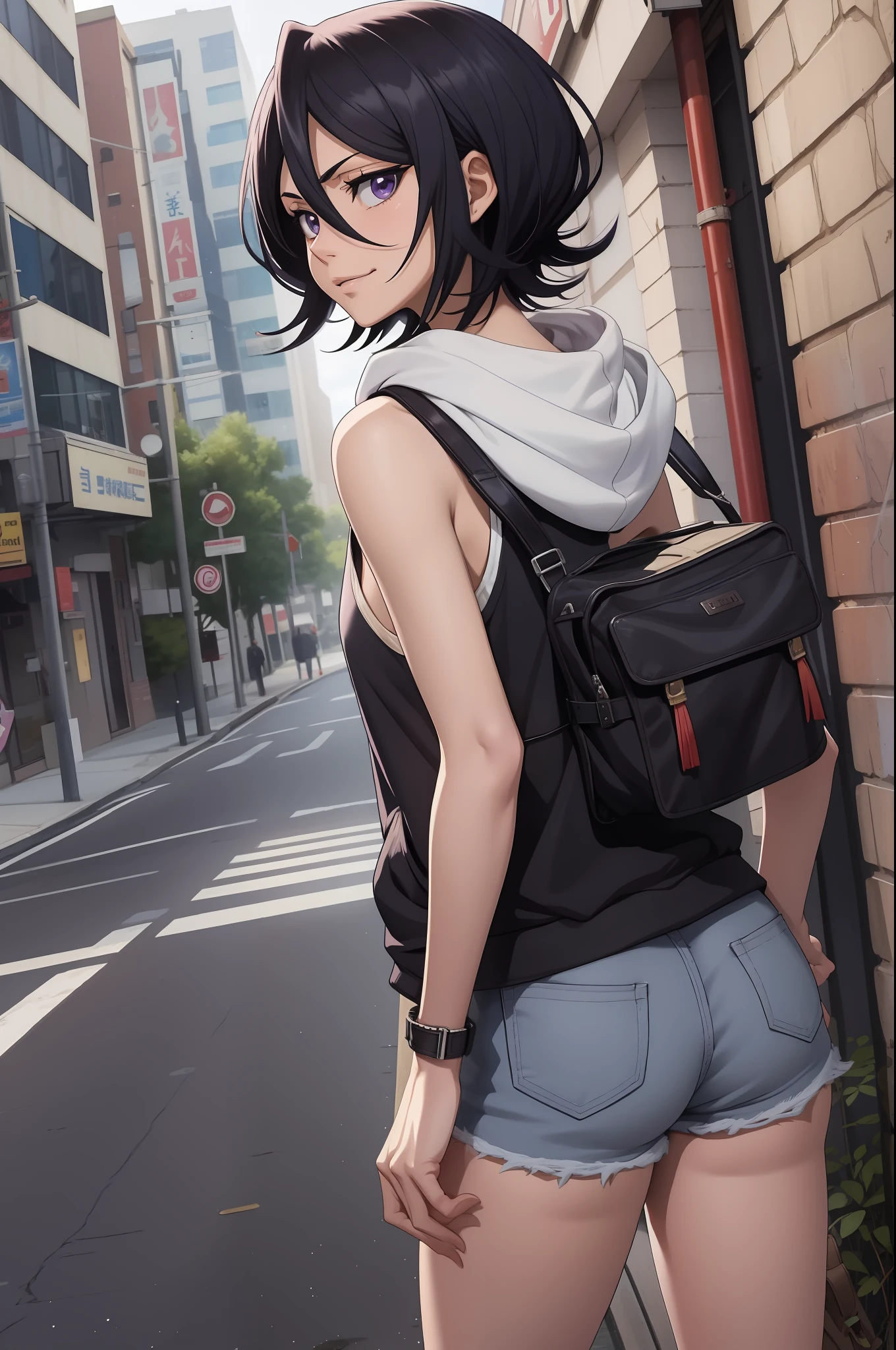 anime screencap,city, 
1girl, solo, short hair, black hair, purple eyes,looking at viewer, hair between eyes, cowboy shot,from behind,closed mouth, smirk,walking,looking back, hoodie, sleeveless, shorts,bare legs, hands in pockets,