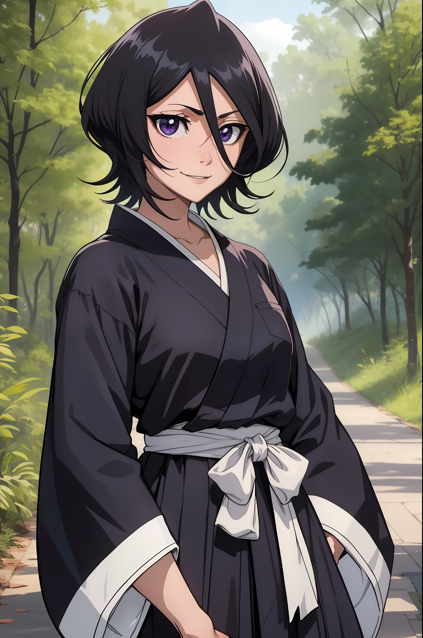 anime screencap, forest,path,
1girl, solo, hand on hip, short hair, black hair, purple eyes, japanese clothes, smile, looking at viewer, black kimono, hair between eyes, cowboy shot, wide sleeves, facing viewer, black hakama,white_sash,