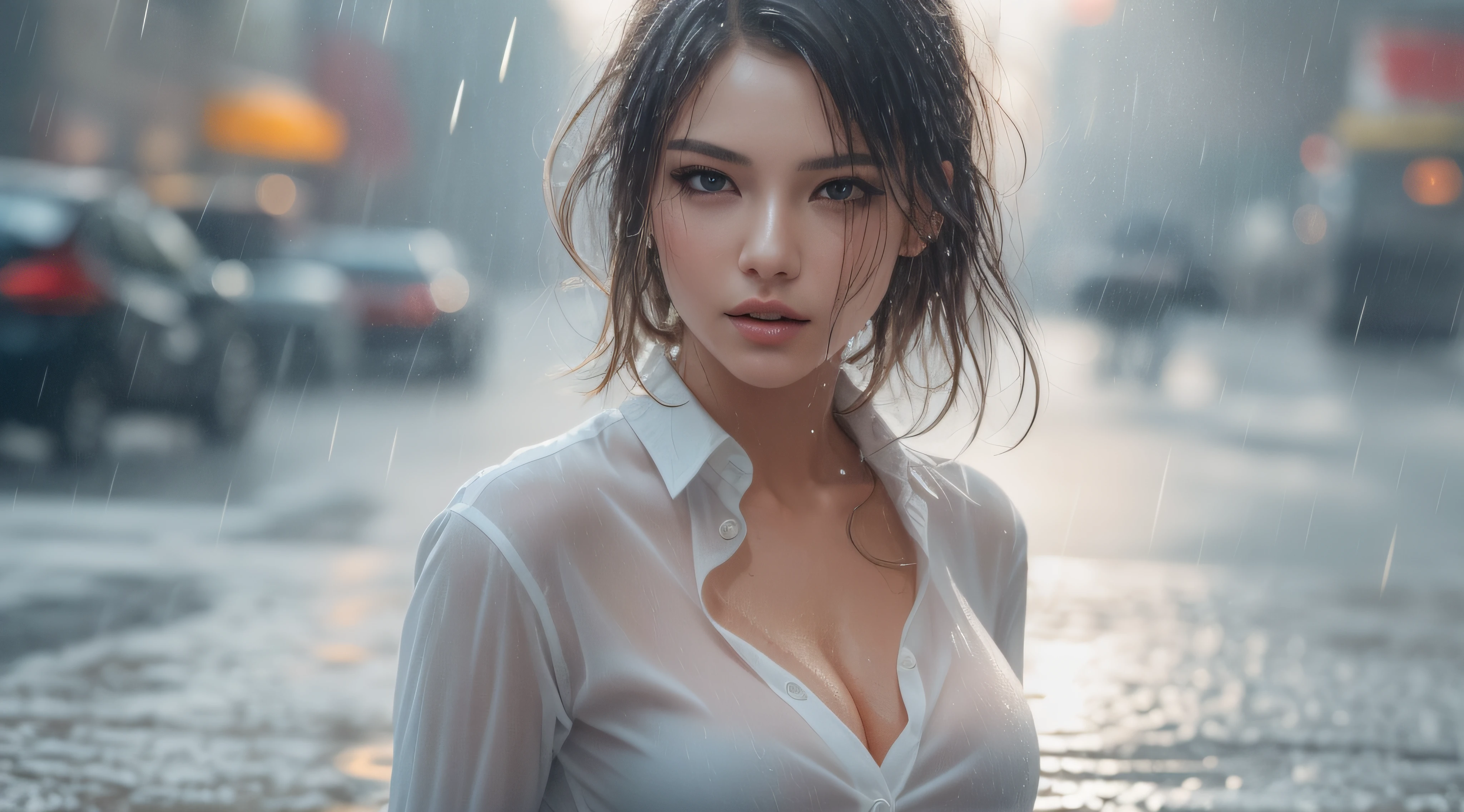 ((Best quality, 8k, Masterpiece)), Sharp focus, A beautiful woman with perfect body, Slim abdomen, ((Layered haircut, Large breasts)), (no bra) (Small and beautiful hard nipple) (Thin and damp button up to shirt length), (White shirt wet by rain), (Rain, Street), Wet body, Highly detailed face and skin texture, Detailed eyes, Double eyelid,