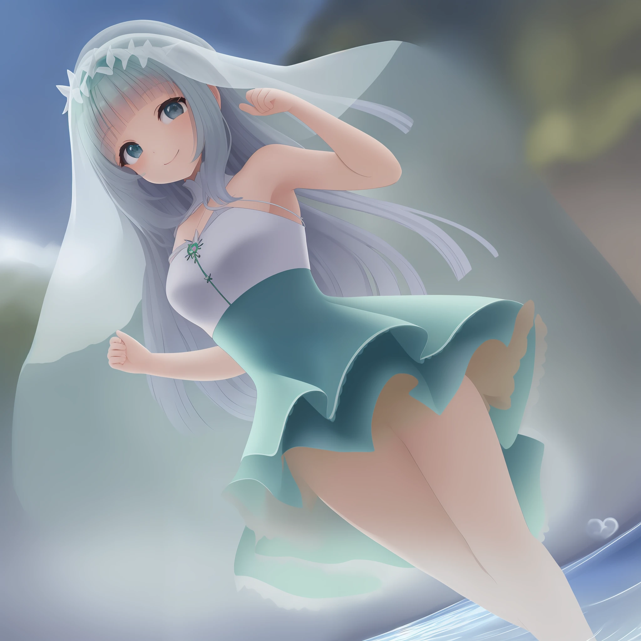 uma bela garota de anime, com cabelos brancos, olhos azuis, sorriso cativante, She has detailed, symmetrical fingers, ela usa roupas simples, She is immersed in an ethereal and brilliant setting, amazing and detailed image