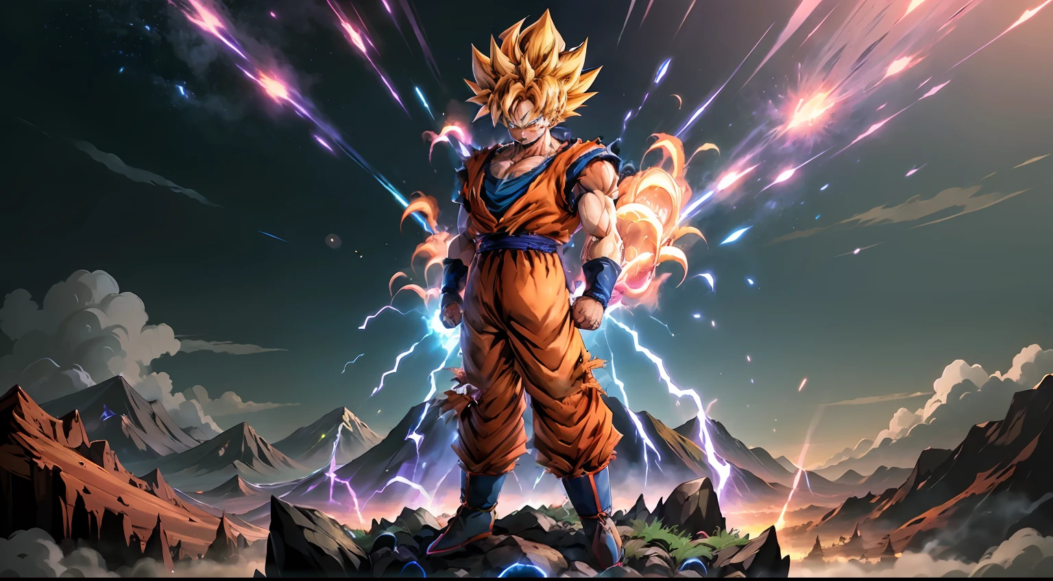 Super Saiyan Goku unleashes a massive energy wave while standing on top of a mountain, the surroundings are filled with lush greenery, and the sky is a mix of orange and purple hues. The energy wave is bright blue with electric sparks around it. (anime:1.2), (dramatic lighting:1.1), (vibrant colors:1.3), (cell-shaded:1.1), (dynamic composition:1.2)