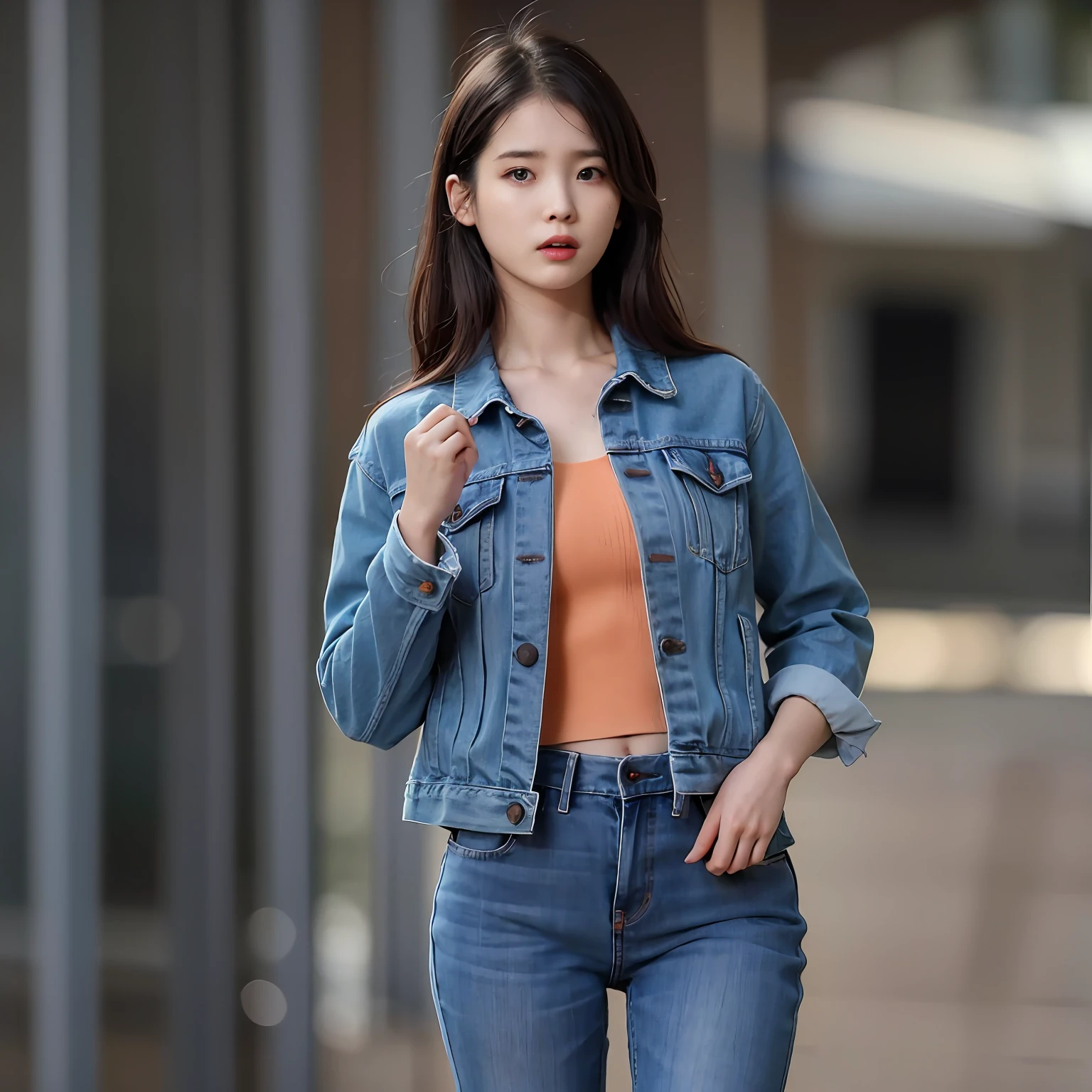 nikon RAW photo,8 k,Fujifilm XT3,photorealistic,realistic, solo, photorealistic, best quality, ultra high res, (skin spots:0.1) serious expression, , standing against a school at daylight, jeans and denim jacket suits, masterpiece, best quality, extremely detailed face, perfect lighting, solo,1girl, sexy sight best quality, ultra high res, photorealistic, ultra detailed, masterpiece, best quality, iu1, nice butt and body figure, tiny body, lee ji-eun