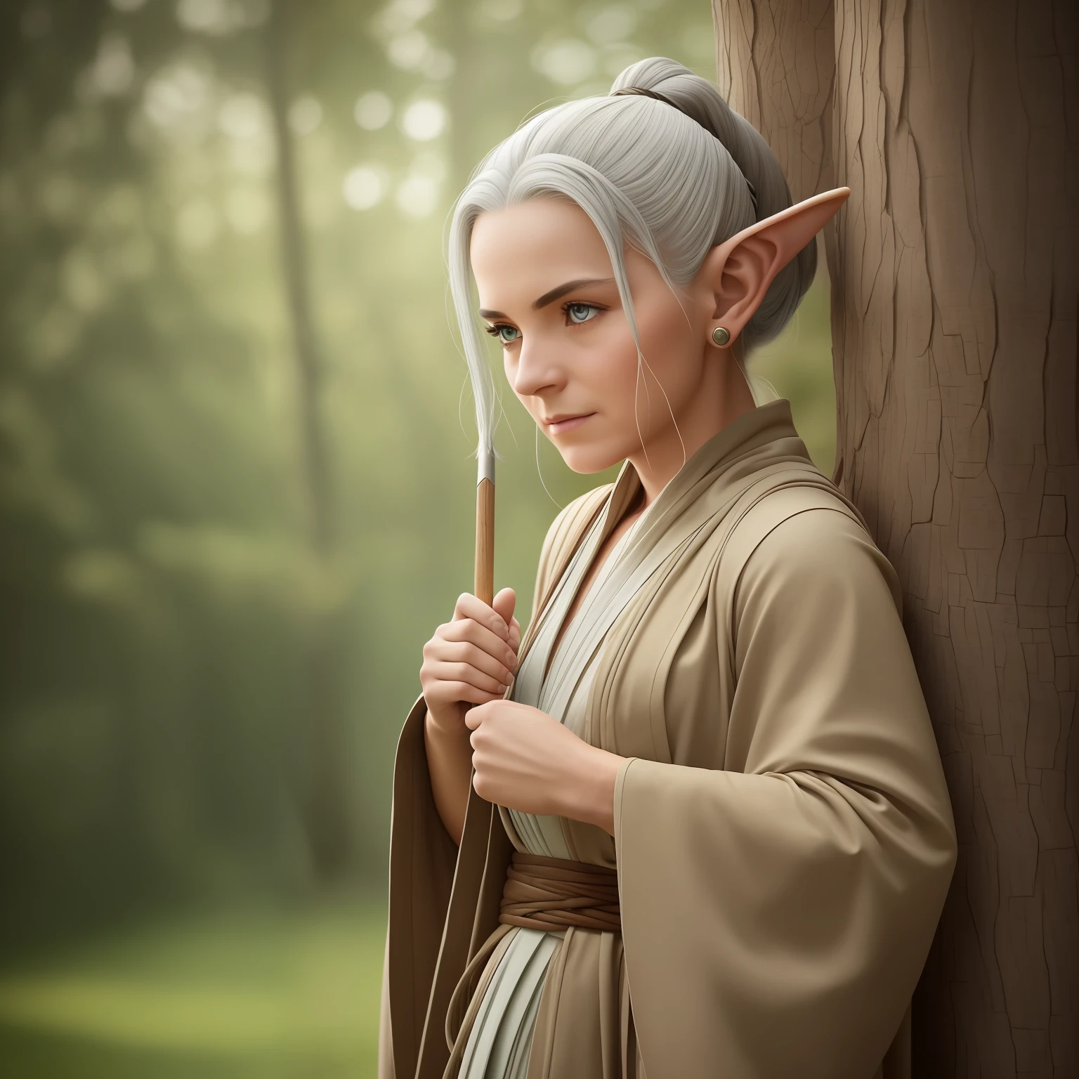 Before you stands a small, alien figure, no more than 2 feet tall. Her skin is a wrinkled green, and she is dressed in simple tan and brown robes. Large, pointed ears stick out from the side of her head, flanking wispy white hair that circles around her bald, mottled green head. She peers up at you with wise, contemplative eyes, one of which is partially obscured by a white brow.
In her right hand, she holds a short, wooden cane, which she leans on slightly. Her feet are bare, with three toes on each. She has a short neck that meets her robes at the collar. Her posture is slightly hunched from the weight of her many years, but she carries herself with a quiet dignity.
There is a subtle power that radiates from her presence, as if the very air is alive with invisible energy. She blinks slowly and takes a deep breath, regarding you with a patient, thoughtful expression. Though small and aged in appearance, you get the sense that the being before you contains immense knowledge and strength within. This is clearly no ordinary creature - you stand in the presence of the legendary Jedi Master Yoda, though now female in form. Her wisdom and connection to the Force make her gender inconsequential. By Joshua Holford Photography Award Winning Detail and Flare 8k fz80