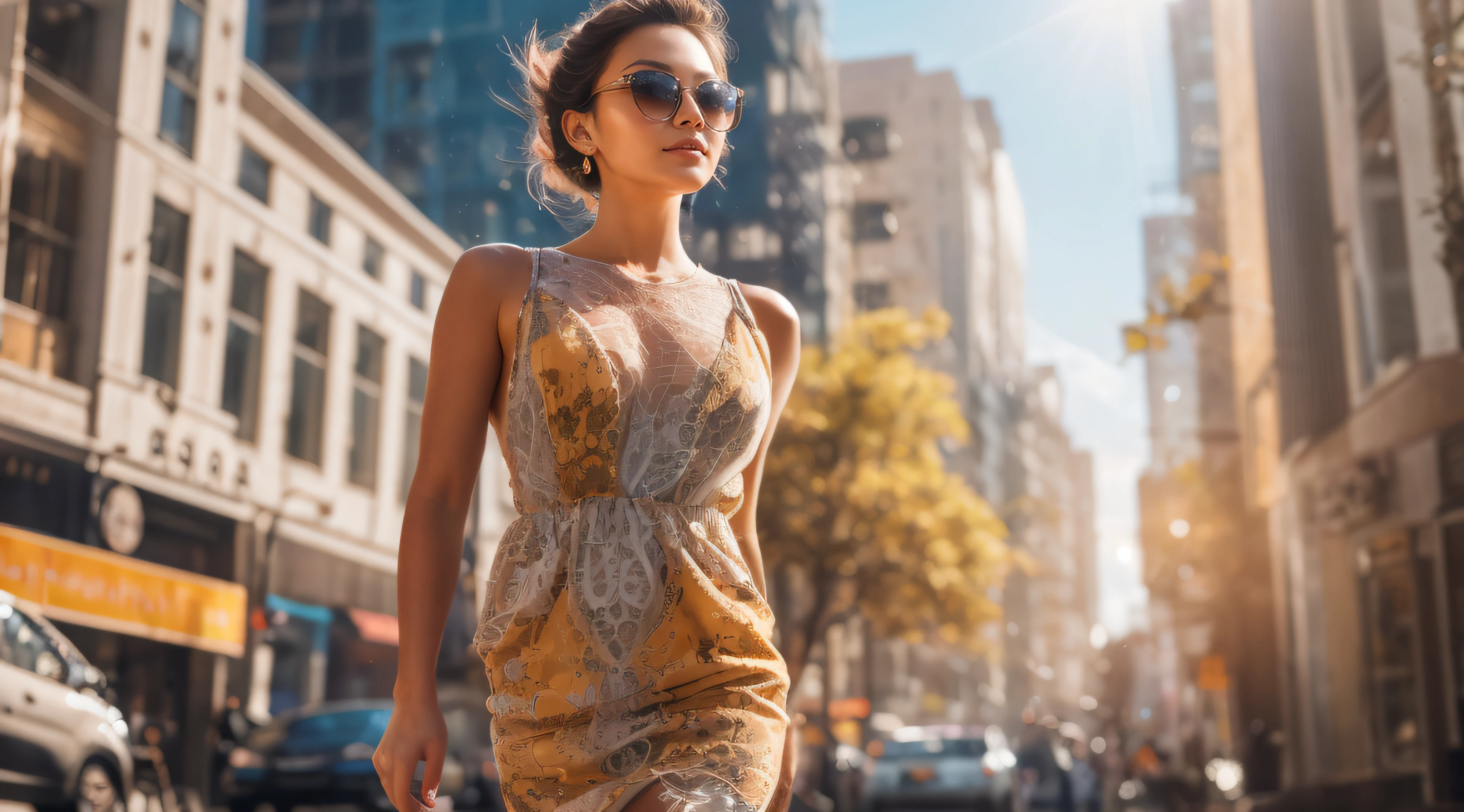 detailed face, A stunning photograph of a fashionable lady walking down a sunny street in a bustling city, captured in a naturalistic style by photographers Sam Yang and Ross Tran. The scene is highly-detailed, with intricate textures on the lady's clothing and sharp focus on the surrounding buildings. The lighting is bright and optimistic, with the sunlight creating a warm glow and a sense of hope and positivity,