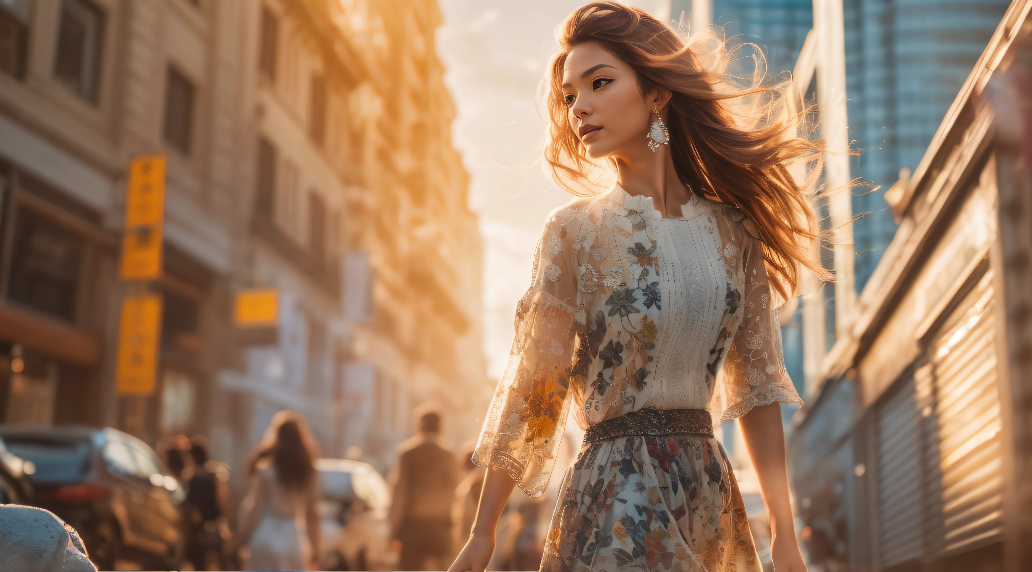detailed face, A stunning photograph of a fashionable lady walking down a sunny street in a bustling city, captured in a naturalistic style by photographers Sam Yang and Ross Tran. The scene is highly-detailed, with intricate textures on the lady's clothing and sharp focus on the surrounding buildings. The lighting is bright and optimistic, with the sunlight creating a warm glow and a sense of hope and positivity,