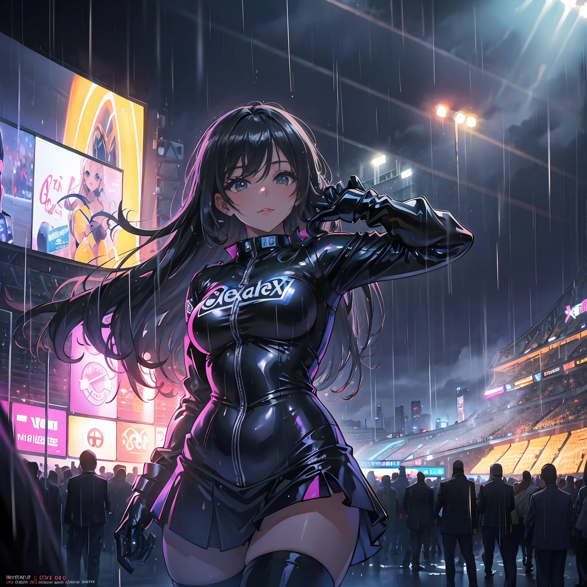Sexy cheerleader in latex uniform, rain, well lit stadium background, night time, realistic --auto