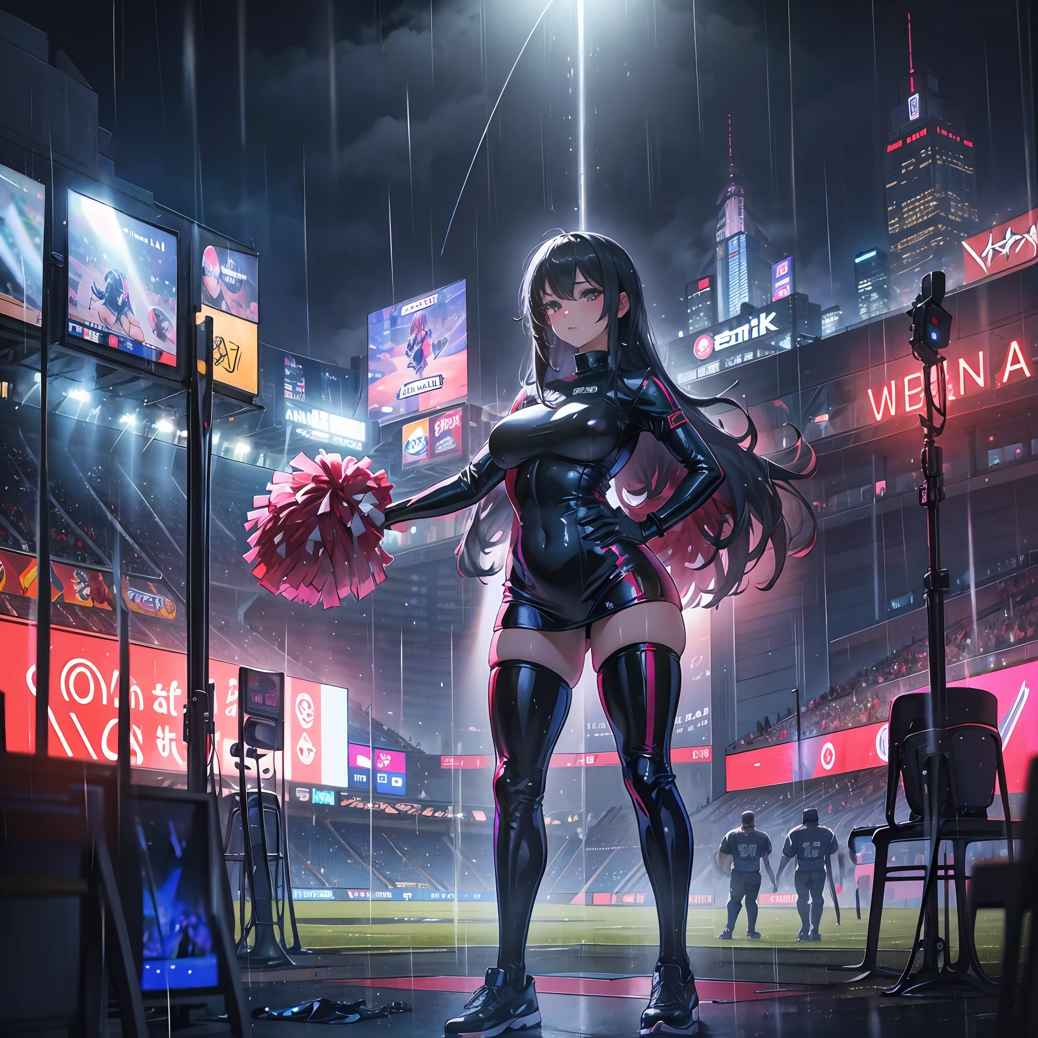 Sexy cheerleader in latex uniform, rain, well lit stadium background, night time, realistic --auto