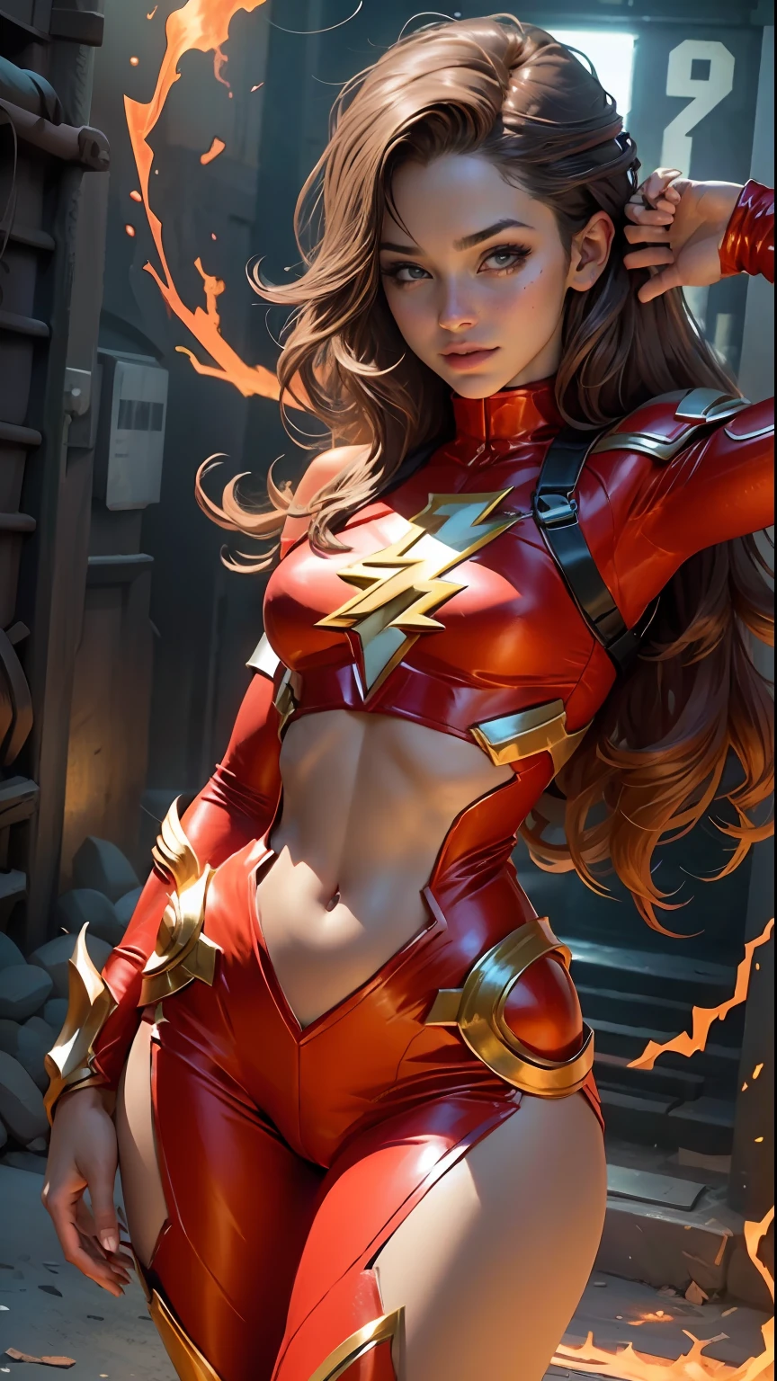 Linda mulher corpo definido detalhado usando cosplay do flash, seios pequenos