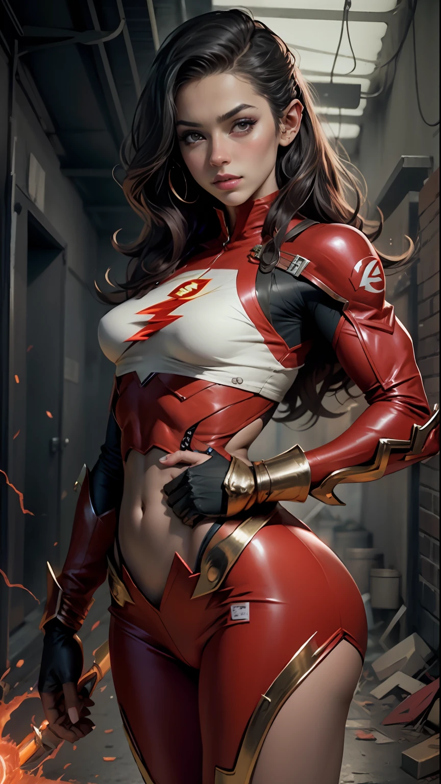 Linda mulher corpo definido detalhado usando cosplay do flash, seios pequenos