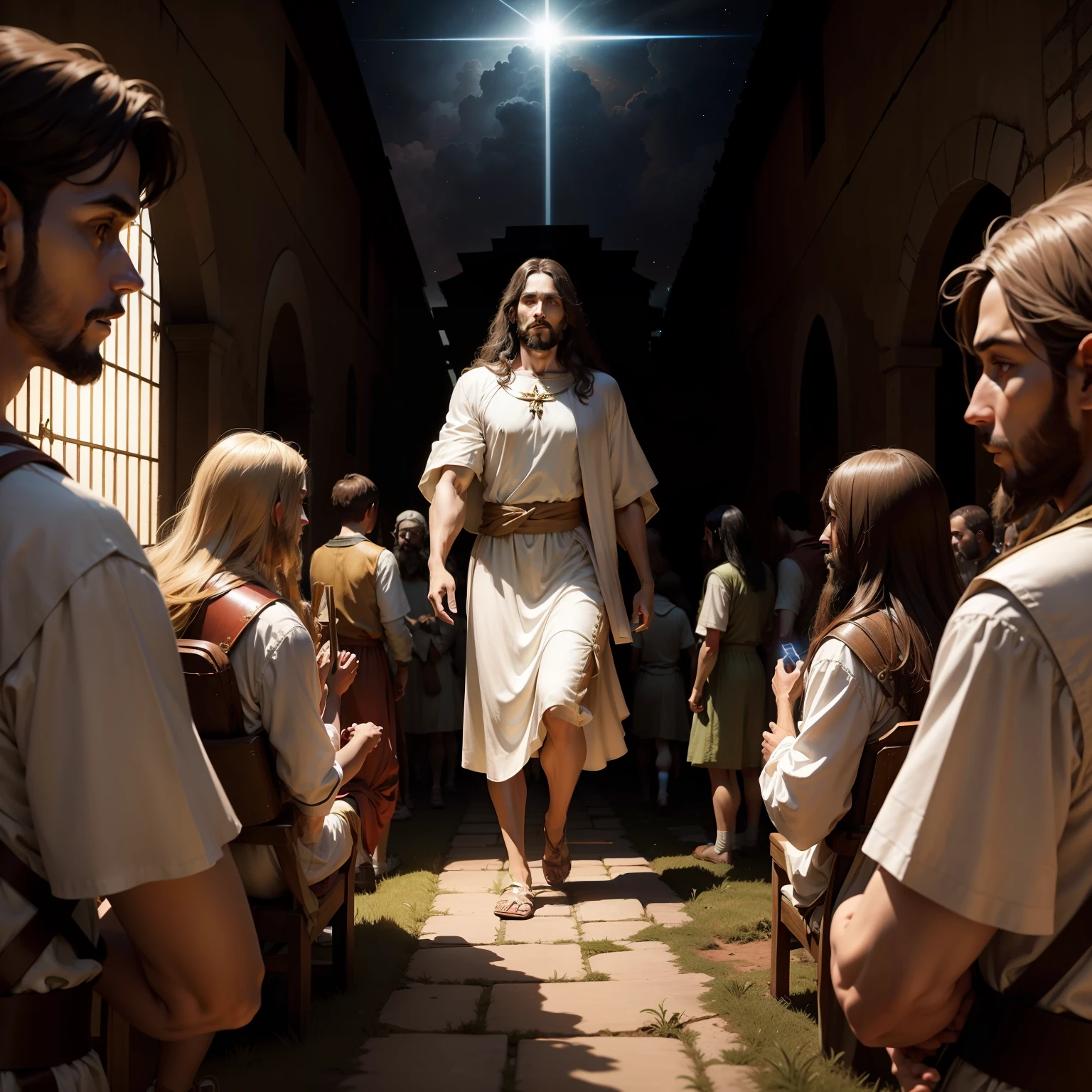 Jesus with his disciples, tempos antigos, caminhando, Lights through the skies. Ambiente iluminado.