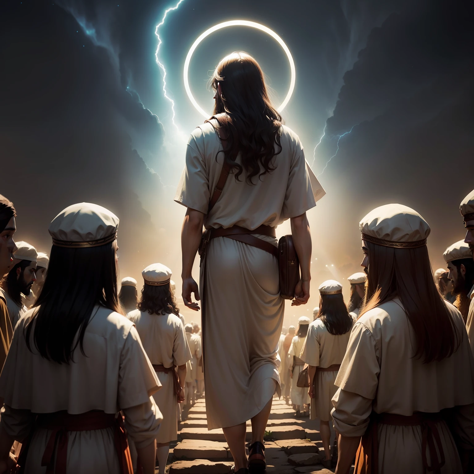 Jesus with his disciples, tempos antigos, caminhando, Lights through the skies. Ambiente iluminado.