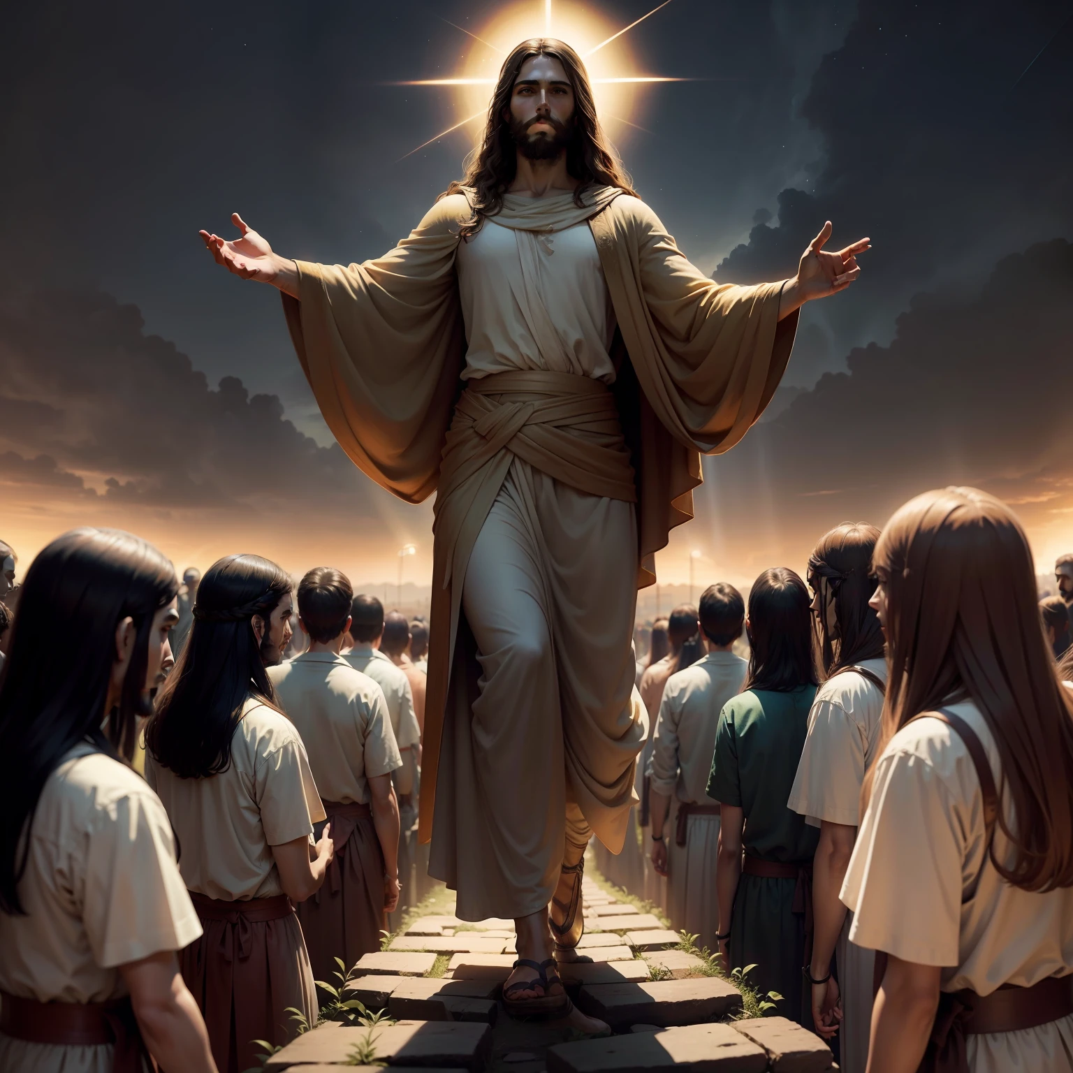 Jesus with his disciples, tempos antigos, caminhando, Lights through the skies. Ambiente iluminado.