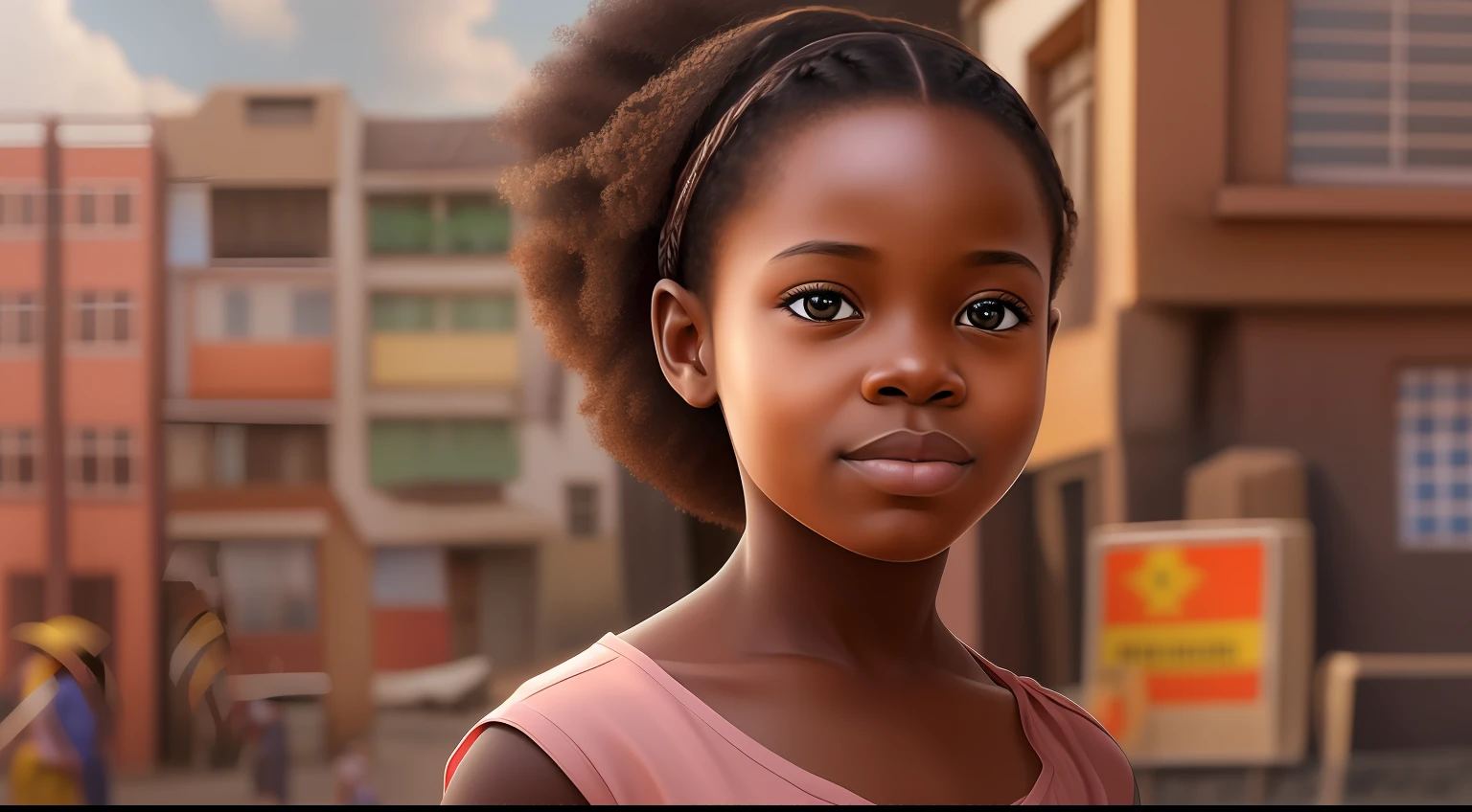 "Generate a hyper-realistic unique image of a 10-year-old girl from Ghana with authentic Ghanaian features hair, skin colour, eyes, dressing, real, set against a realistic city background, showcasing the best quality and intricate details."