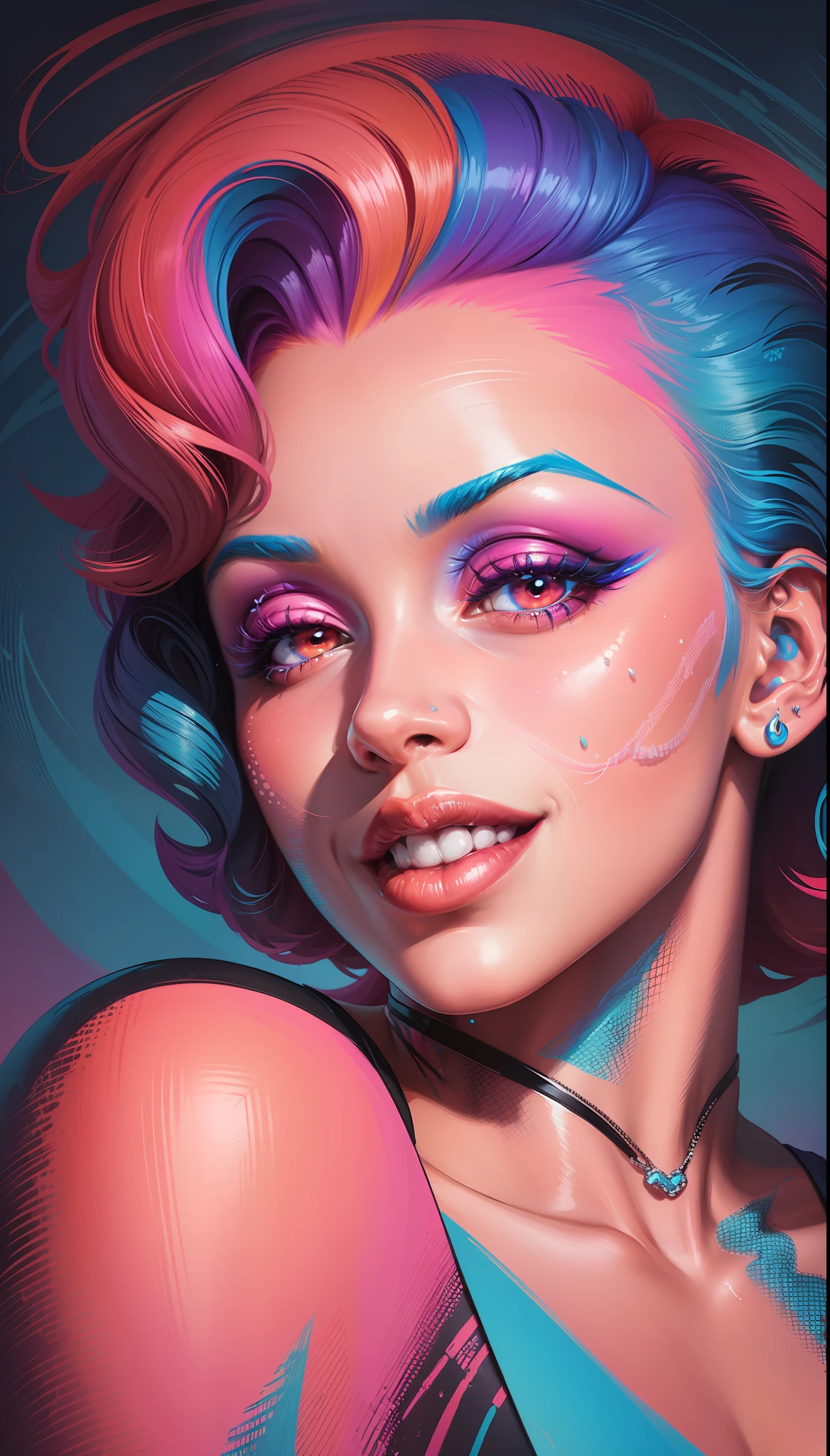 a painting of a woman with bright hair and bright makeup, vibrant neon inks painting, vibrant digital painting, vibrant digital art, colorful art, art of alessandro pautasso, vibrant cartoon art, jen bartel, colorful digital art, colorful painting, colorful digital painting, hyper color digital art, vibrant painting, full color digital art, colorful drawing, vibrant fan art