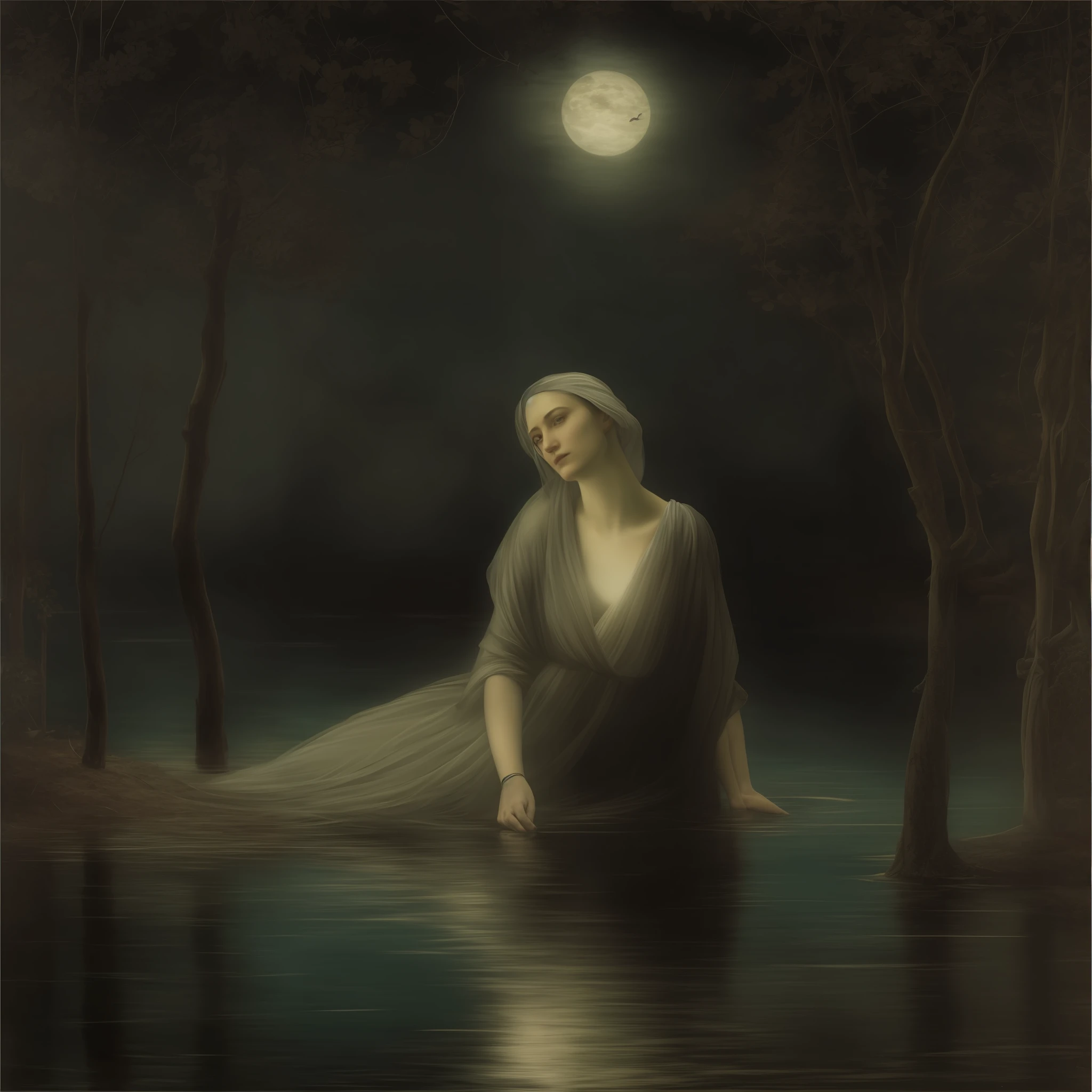 "Banho Noturno" is a nineteenth-century painting with a medieval theme, retratando uma cena misteriosa e evocativa. The work shows a pale woman, de cabelos negros curtos, immersed in a dark lake under the faint glow of the moon. The atmosphere is charged with mystery and an almost ethereal feel, enhanced by the elongated shadows and soft contours of the trees around the lake. The woman is wrapped in a simple tunic, that floats gently in the water. His gaze is fixed on a distant point, revelando um misto de vulnerabilidade e tranquilidade. The painting captures the serenity of the moment and the deep connection between the female figure and the nocturnal nature around her, engaging the viewer in a unique emotional experience.
