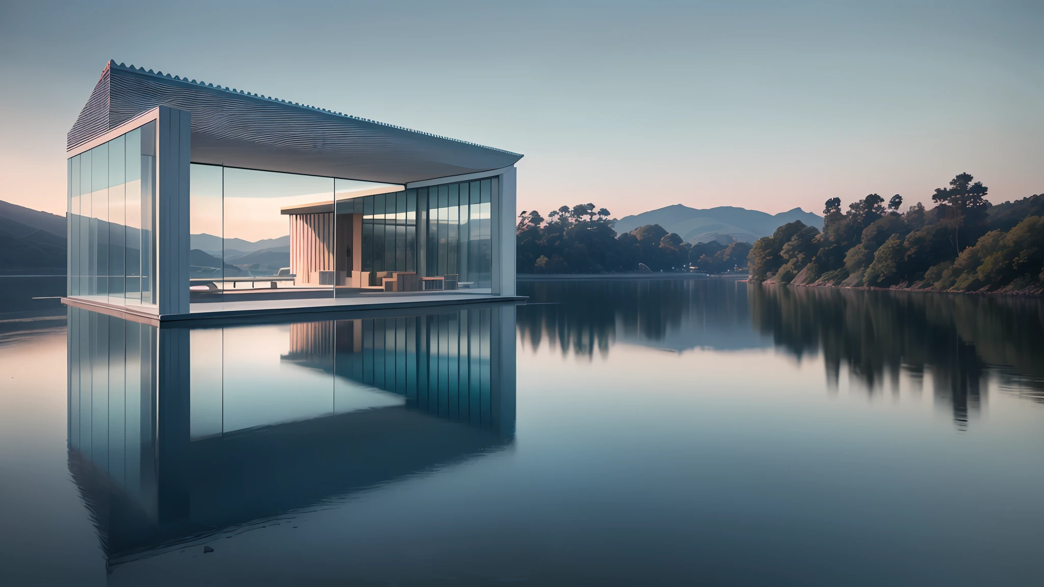 Ethereal glass structure suspended over a serene body of water, showcasing the innovative architectural style of Renzo Piano, captured by Hiroshi Sugimoto --auto --s2