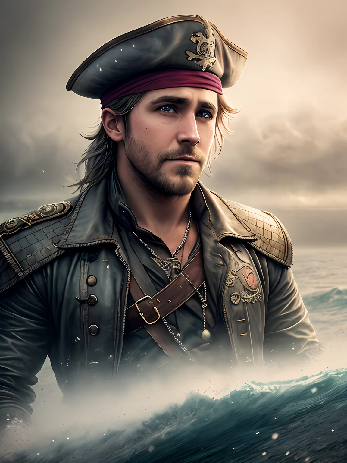 a portrait photo Ryan Thomas Gosling, natural skin texture, 24mm, 4k textures, dirty skin, soft cinematic light, adobe lightroom, photolab, smiling, bandana, detailed rain, detailed water drops, wet skin, freezing, masterpiece, (beautiful detailed eyes:1.1), best quality, illustration, (detailed lighting:1.2), (beautiful detailed glow:1.3), leather clothing, deep cleavage, intricate, digital painting, smooth, sharp focus, end of the world, epic realistic, (hdr:1.4), (muted colors:1.4), pirates, neutral colors, night, screen space refractions, (intricate details, hyperdetailed:1.3), cinematic shot, vignette, sea ship deck background, pirate ships battle background, dim colors