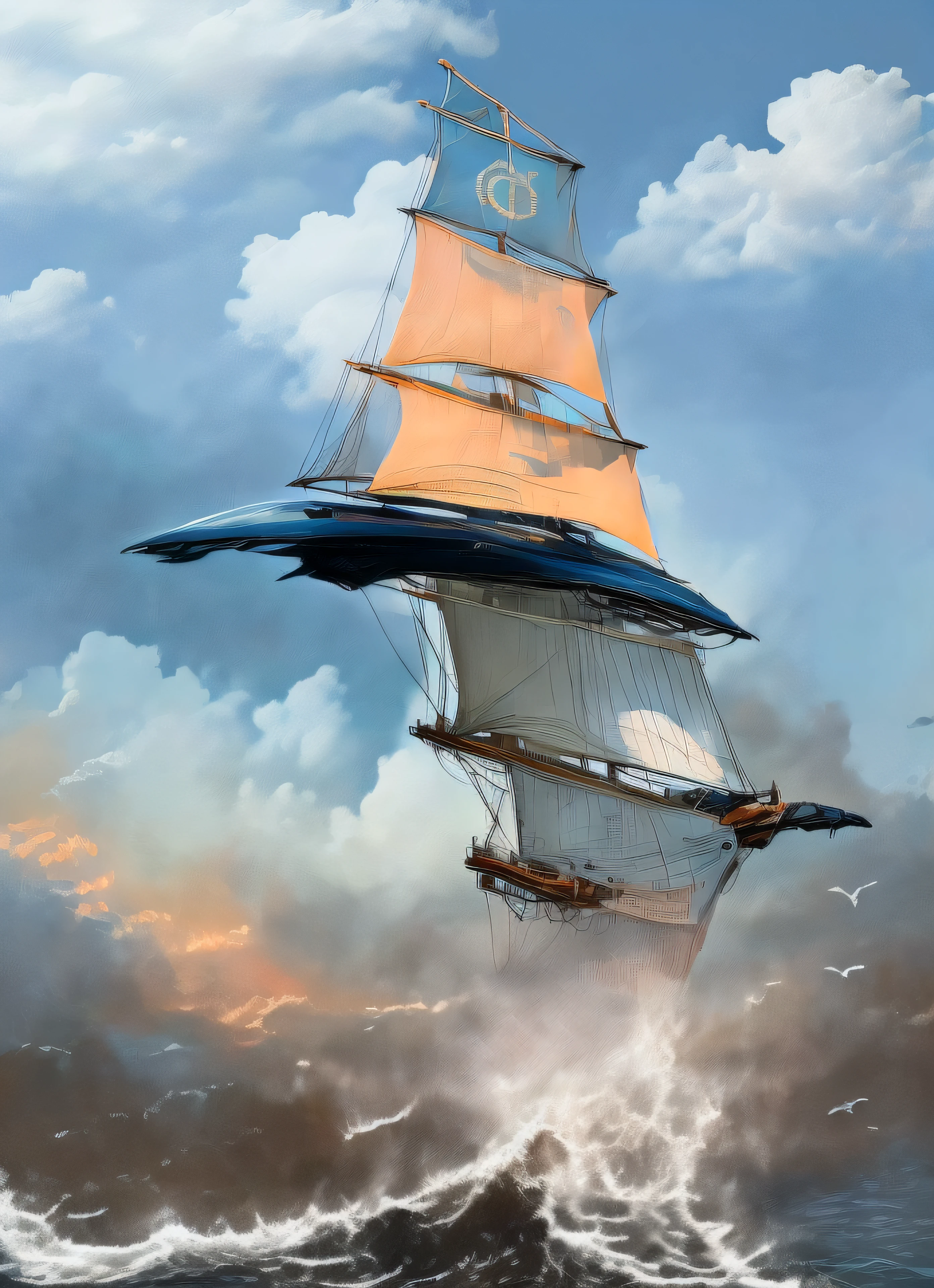 Super barco de vela futurista volando entre las nubes rodeado de gaviotas y super tiburones nadando en un mar embravecido con enormes olas amenazantes chocando contra acantilados de islas volcanicas