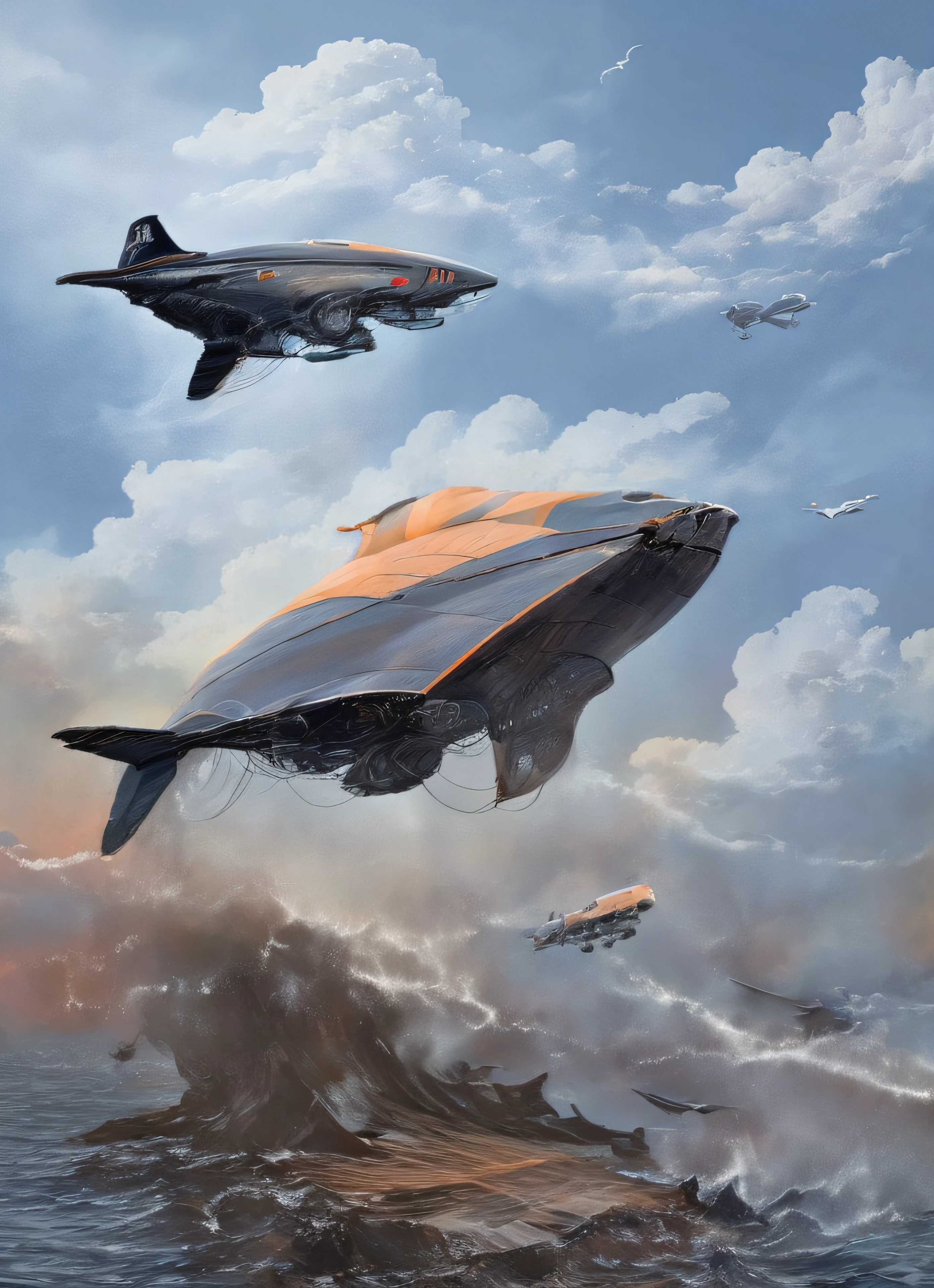 Super barco de vela futurista volando entre las nubes rodeado de gaviotas y super tiburones nadando en un mar embravecido con enormes olas amenazantes chocando contra acantilados de islas volcanicas
