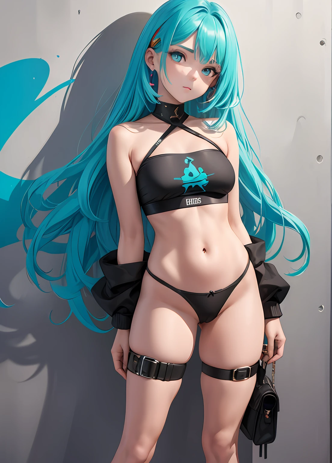 obra-prima, melhor qualidade, 1girl, solo, crop top, calcinha branca, gargantilha, (graffiti: 1.5), respingo de tinta, arms behind back, contra a parede, olhando para o espectador, clamp, thigh strap, pintura no corpo, head tilt, entediado, cabelo multicolorido, aqua eyes, fone de ouvido,