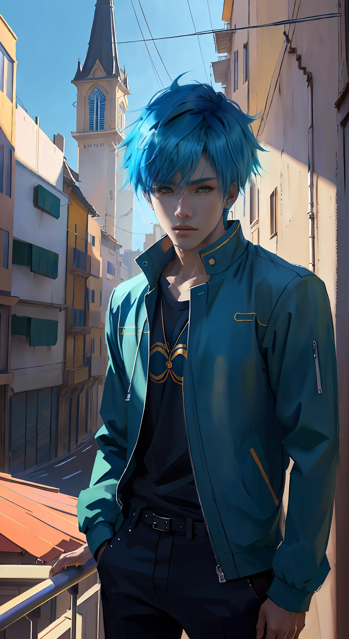 Arafed Man with blue hair standing on a balcony overlooking a city, Estilo de realismo de anime, Estilo realista de anime 3D, inspirado por Yanjun Cheng, realistic artistic style, realistic anime artstyle, Estilo anime 2D, Estilo anime masculino, Obras de arte al estilo de Guweiz, realismo artstyle, Estilo Ross Tran, Anime style. 8k, Estilo de anime moderno