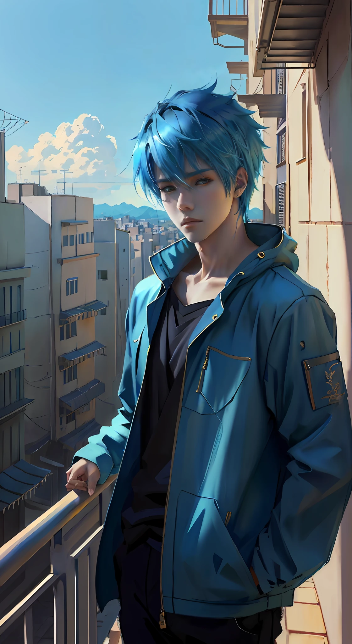 Arafed Man with blue hair standing on a balcony overlooking a city, Estilo de realismo de anime, Estilo realista de anime 3D, inspirado por Yanjun Cheng, realistic artistic style, realistic anime artstyle, Estilo anime 2D, Estilo anime masculino, Obras de arte al estilo de Guweiz, realismo artstyle, Estilo Ross Tran, Anime style. 8k, Estilo de anime moderno