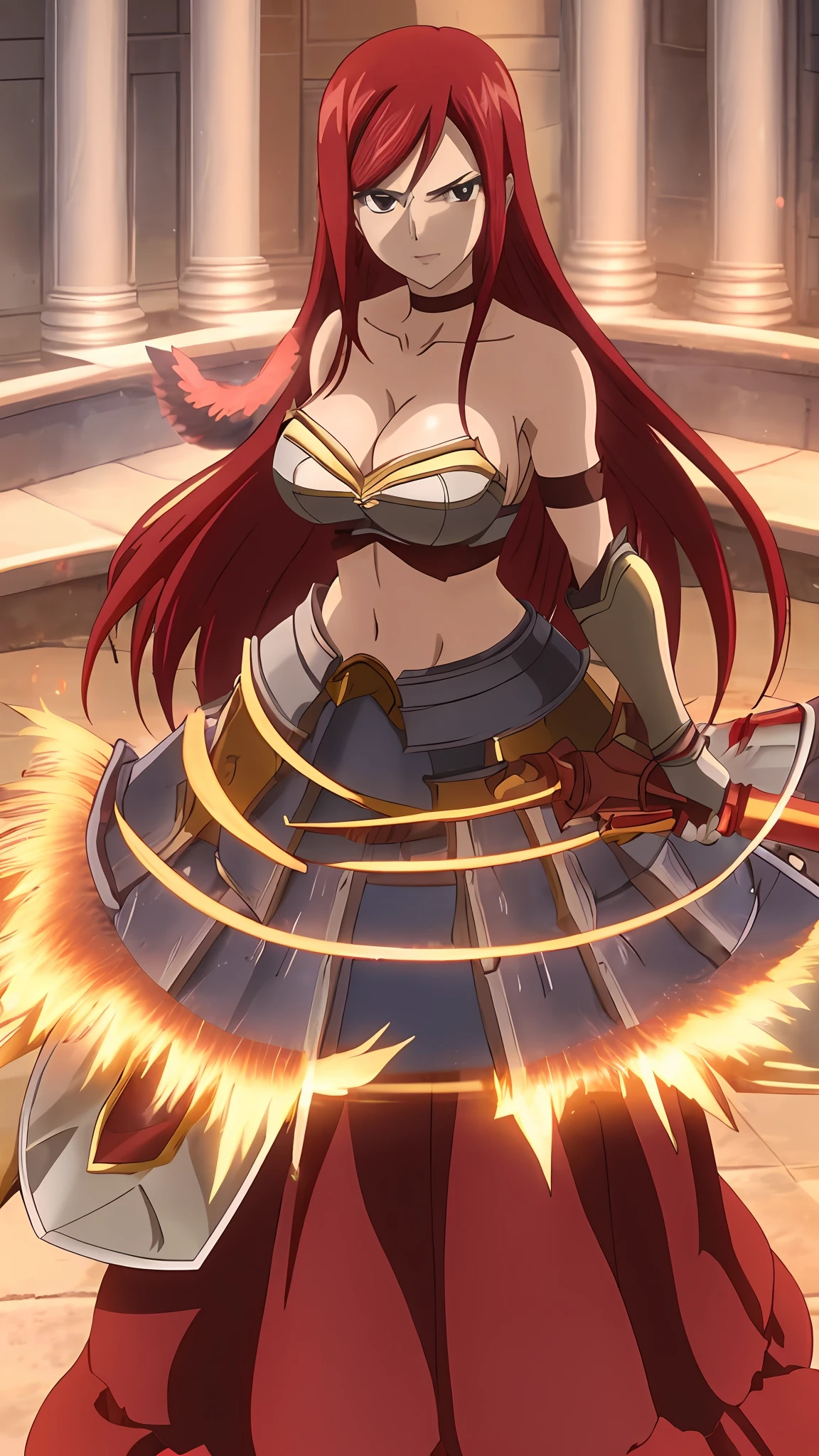 1girl, solo, erza scarlet, fairy tail, red hair, brown eyes, huge breasts, weapon, navel, sword, holding, long hair, armor, cleavage, hair over one eye, dual wielding, wings, large breasts, midriff, choker, looking at viewer, gauntlets, holding weapon, holding sword,