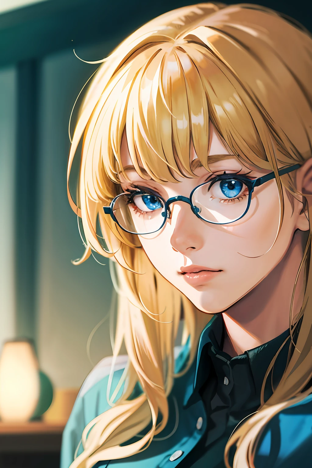 (highres, best quality:1.2), radiance, soft contours, beautiful drawing, 1girl, cowboy shot, (soft focus:1.5) on the Foreground, (Bokeh-filled Foreground:1.2), Shallow Depth of Field, Delicate Blur, Subtle Transitions, Depth and Atmosphere, masterpiece,ultra realistic,32k,extremely detailed CG unity 8k wallpaper, best quality, Perrine , Blonde Hair , Long Hair , blue eyes, glasses, lady