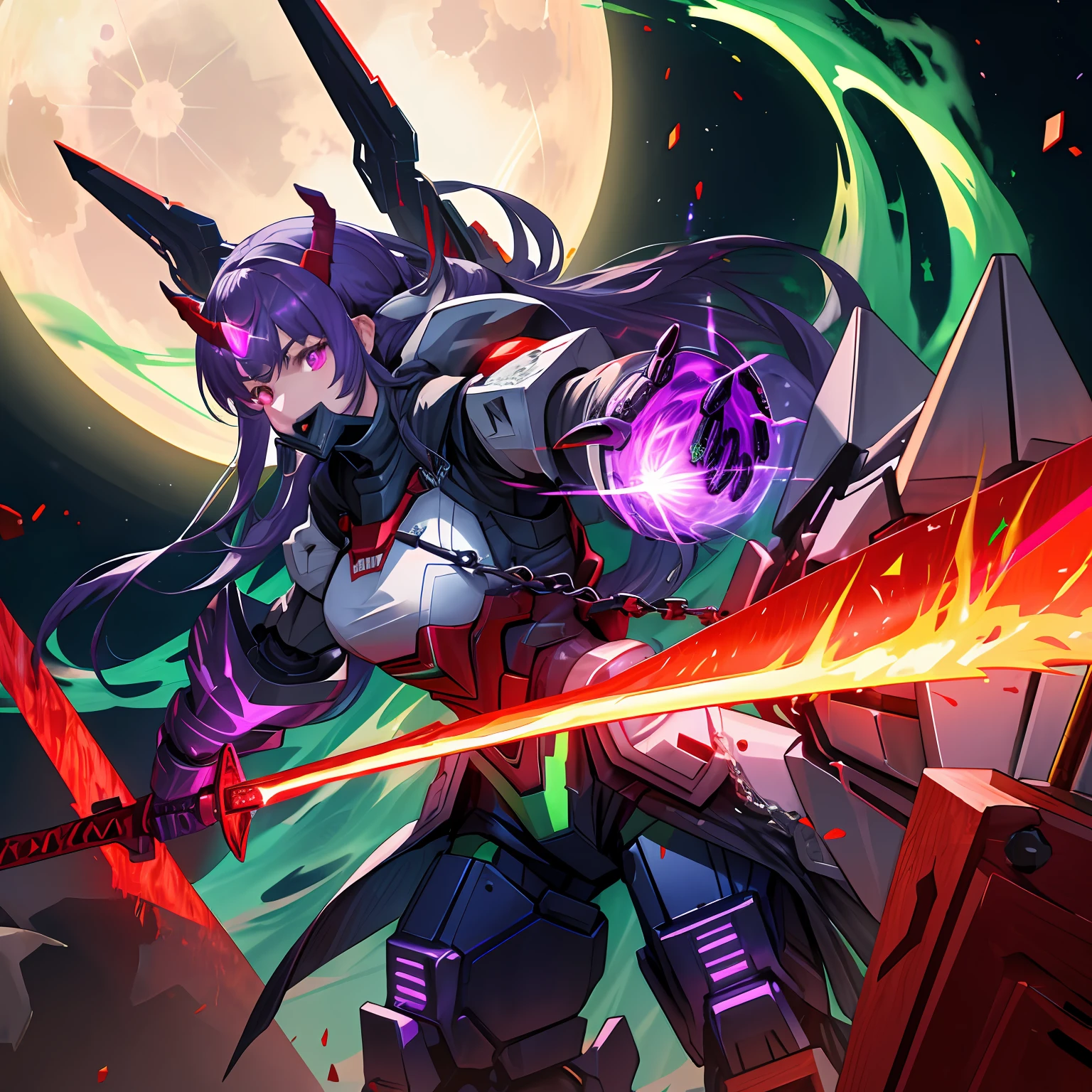 mechs:
main body:Silver-white mech,Red glow pattern,Four robotic arms(1 red laser sword、2. Blue and purple sword blade, chain saw sword、3 purple crystal balls、4 giant cannons)
lowerbody:Link snake-like,Red bead in the center of the link。
Two floating cannons(1 red,firing laser;2 green,Giant mouth,Spit green fire)
outside,large scene,Moon Night,High Picture Quality,Realism,