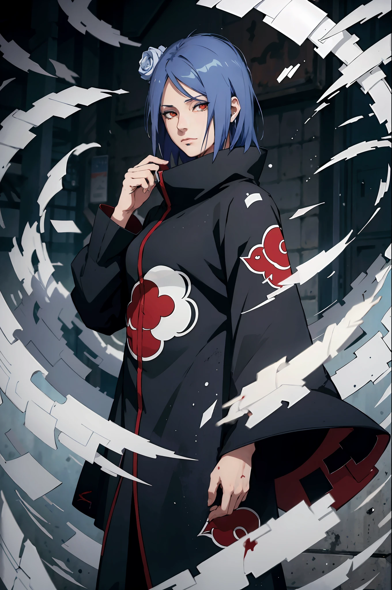 absurdres, (best quality), (masterpiece),(ultra-detailed:1.2),(photorealistic:1.1),(highres),
1girl,(injury:1.1),(blood:1.1),
konan \(naruto\), (akatsuki outfit:1.1), labret piercing, (paper:1.2),
ripples,swirling ,rainbow,