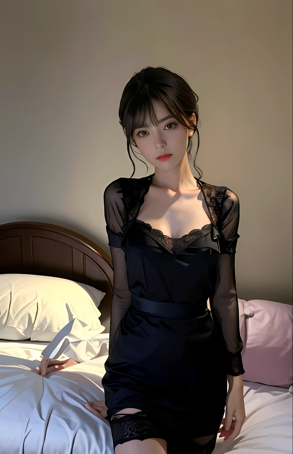 best qualtiy, tmasterpiece, 超高分辨率, (realisticlying:1.4), RAW photogr, 1girl, ((black lace nightgown)), ((middlebreast)), cold light